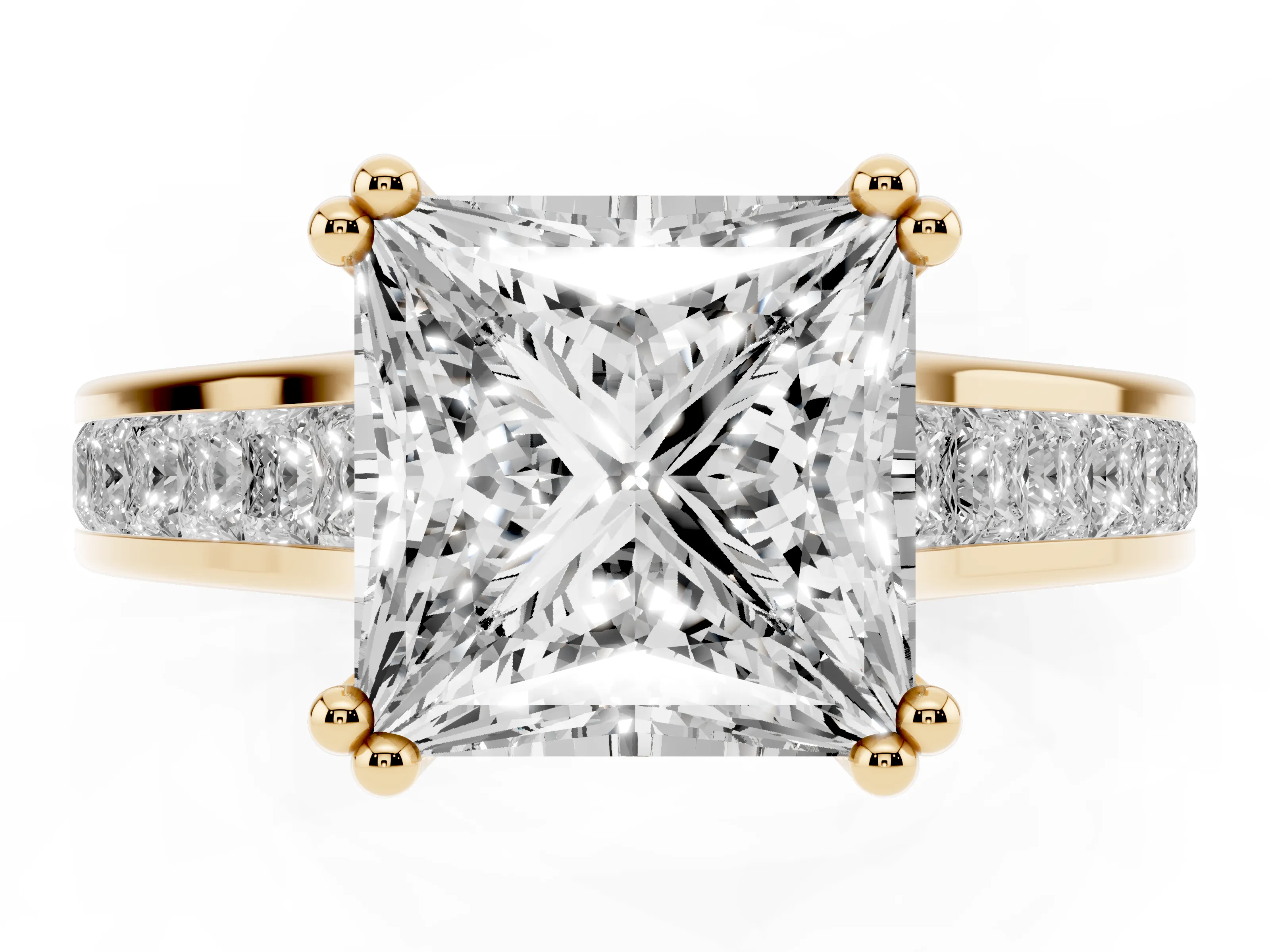 Princess Cut Diamond Channel Set Solitaire Engagement Ring Set in Yellow gold with Prong Setting
