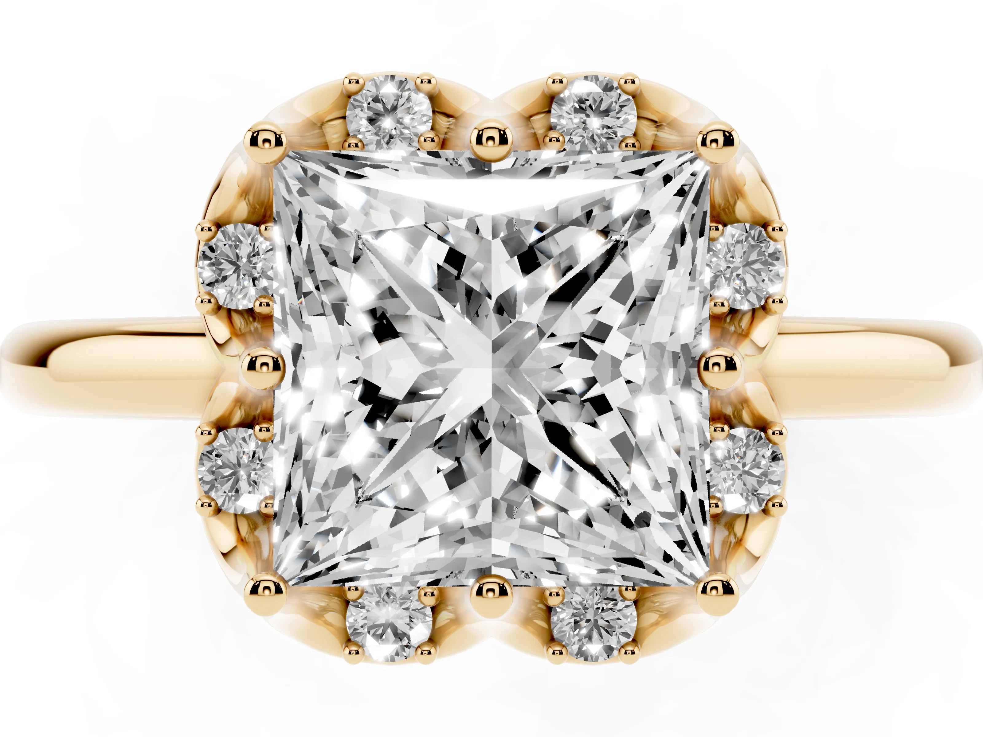 Princess Cut Diamond Round Cluster Halo Ring Set in Yellow gold with Solitaire Band and Prong Setting