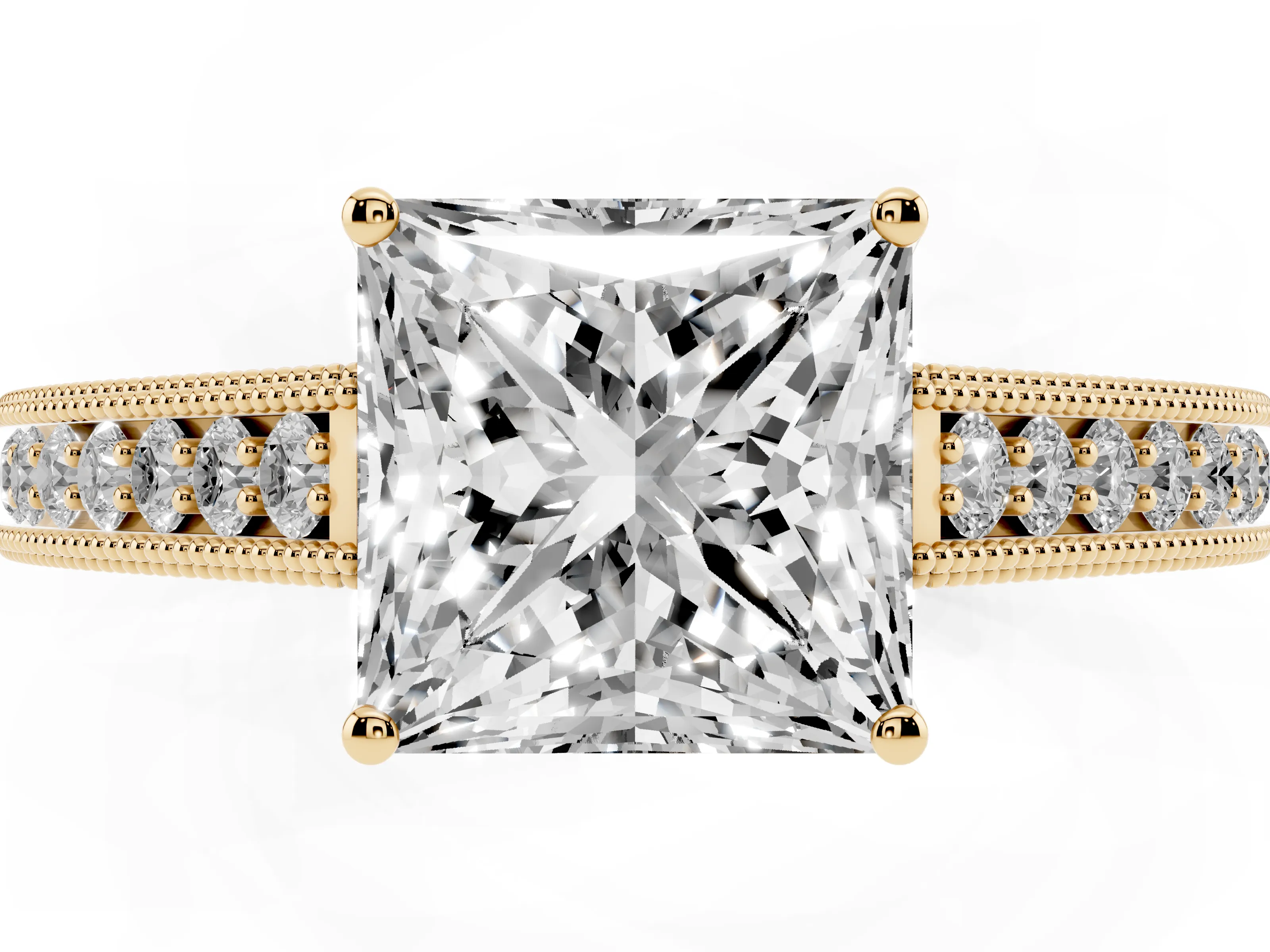 Princess Cut Diamond Milgrain Pavé Band Solitaire Ring Set in Yellow gold with Prong Setting