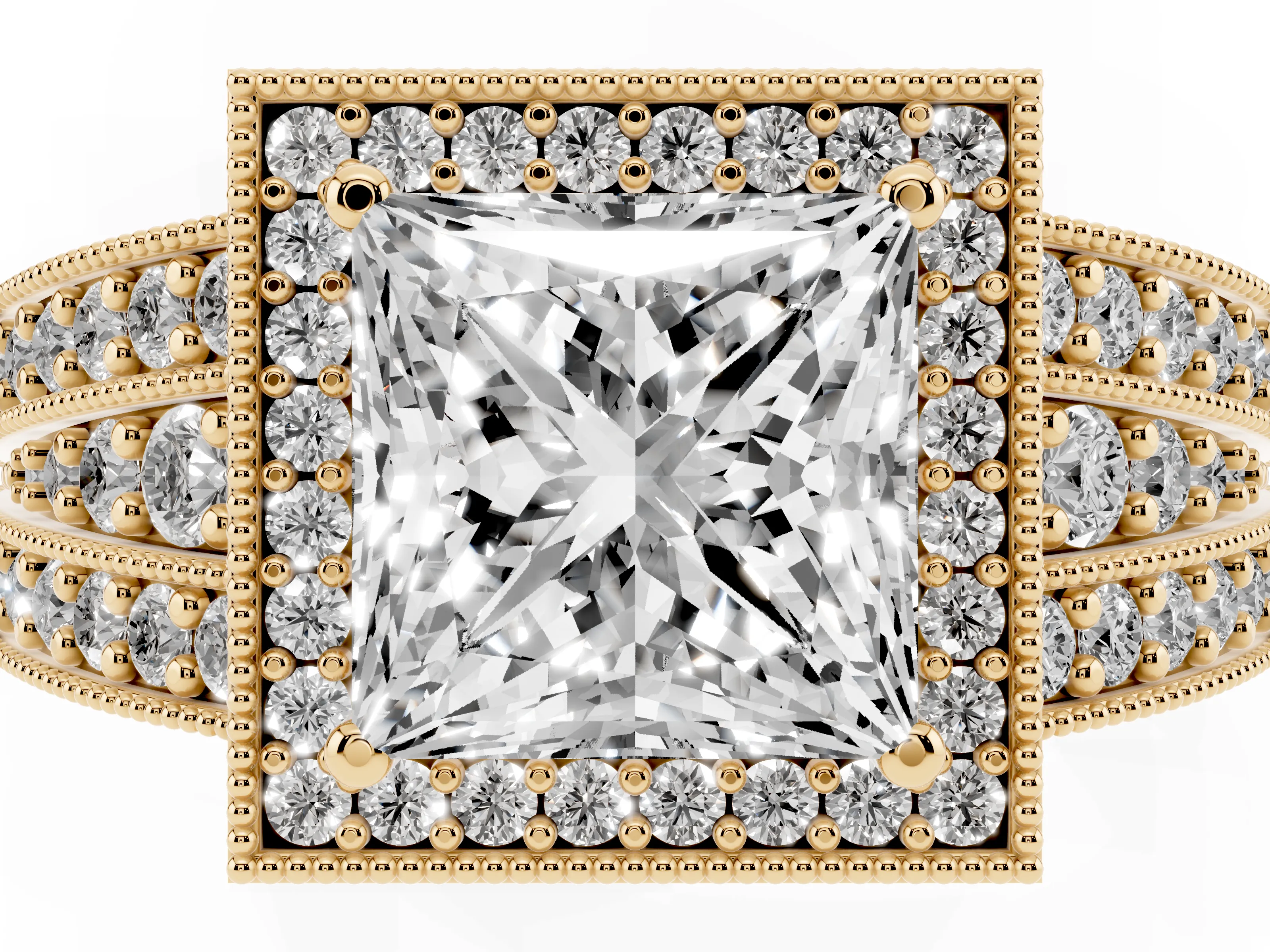 Princess Cut Diamond Halo Ring Set in Yellow gold with Accent Split Shank and Prong Setting