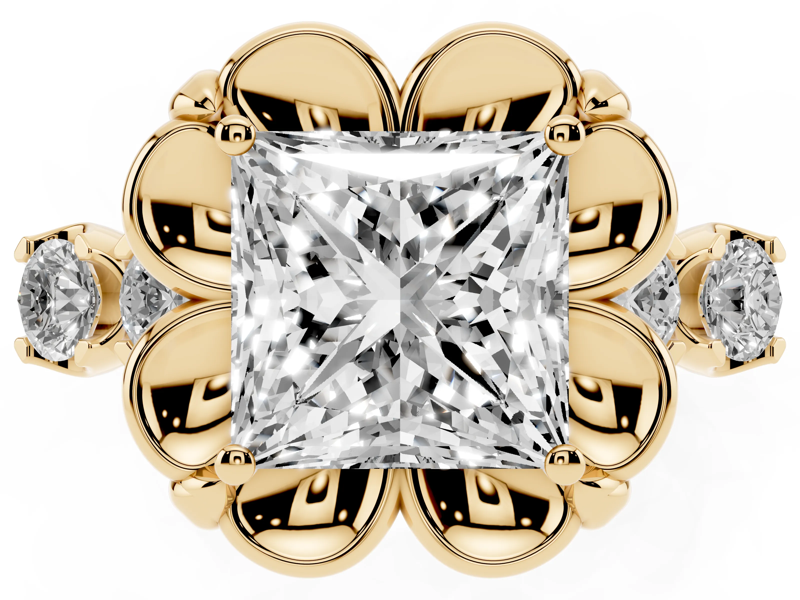 Princess Cut Diamond Floral Halo Ring Set in Yellow gold with Shared Prong Band