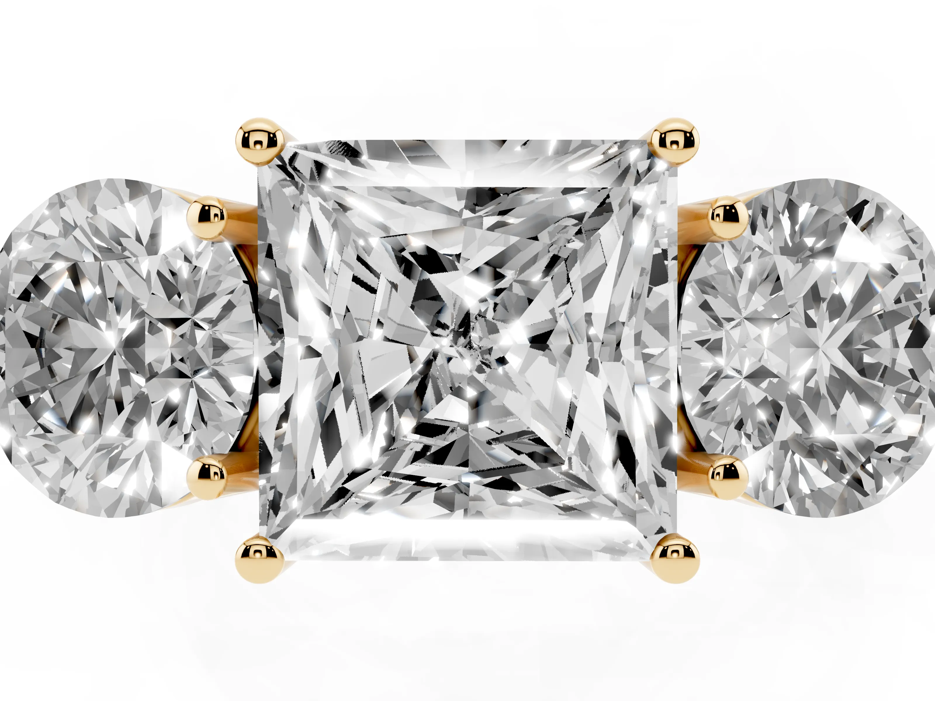 Princess Cut Diamond Three-Stone Ring Set in Yellow gold with Prong Setting and Plain Band