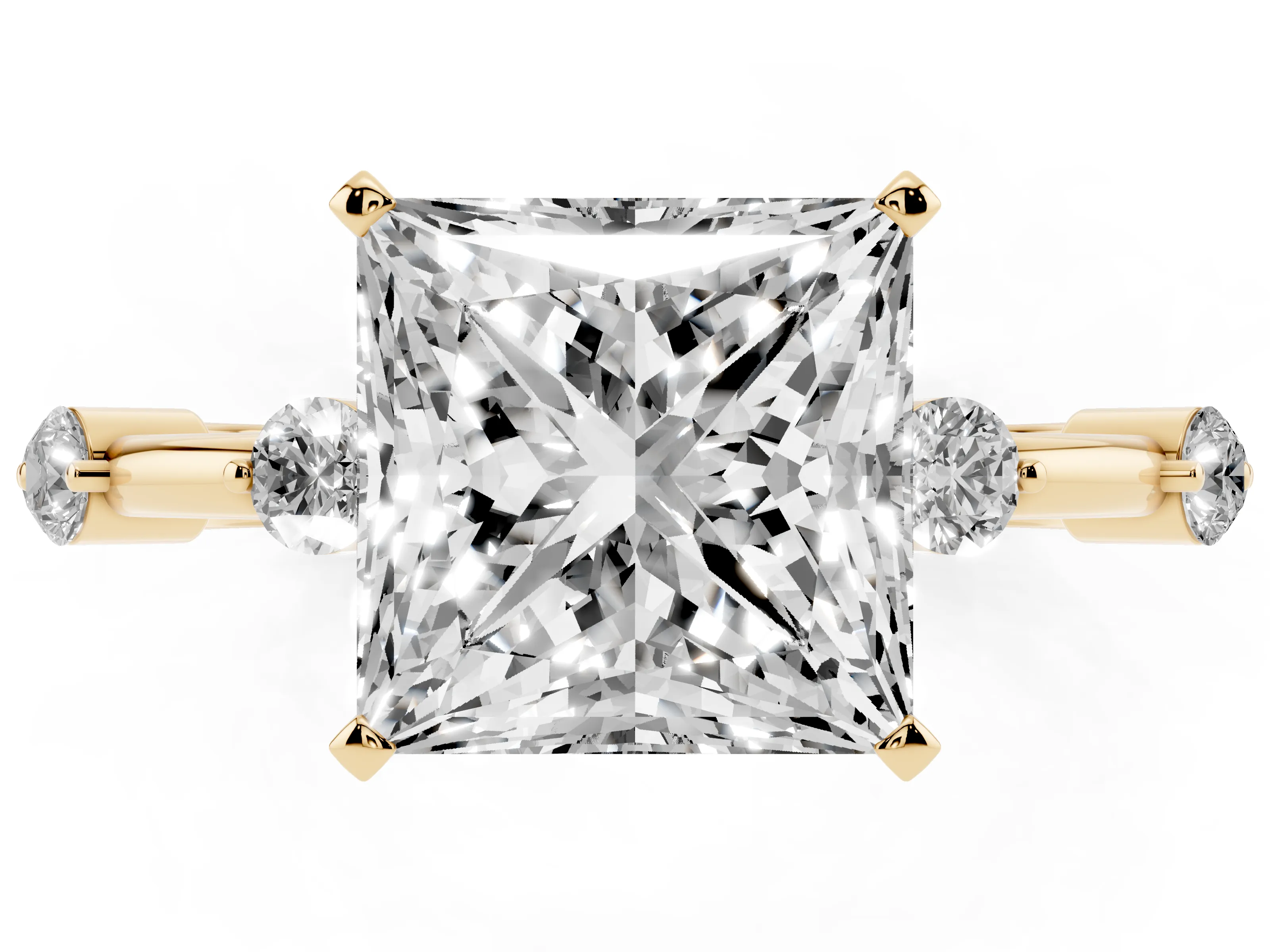 Princess Cut Diamond Solitaire Ring Set in Yellow gold with Bezel Set Side Stones and Prong Setting