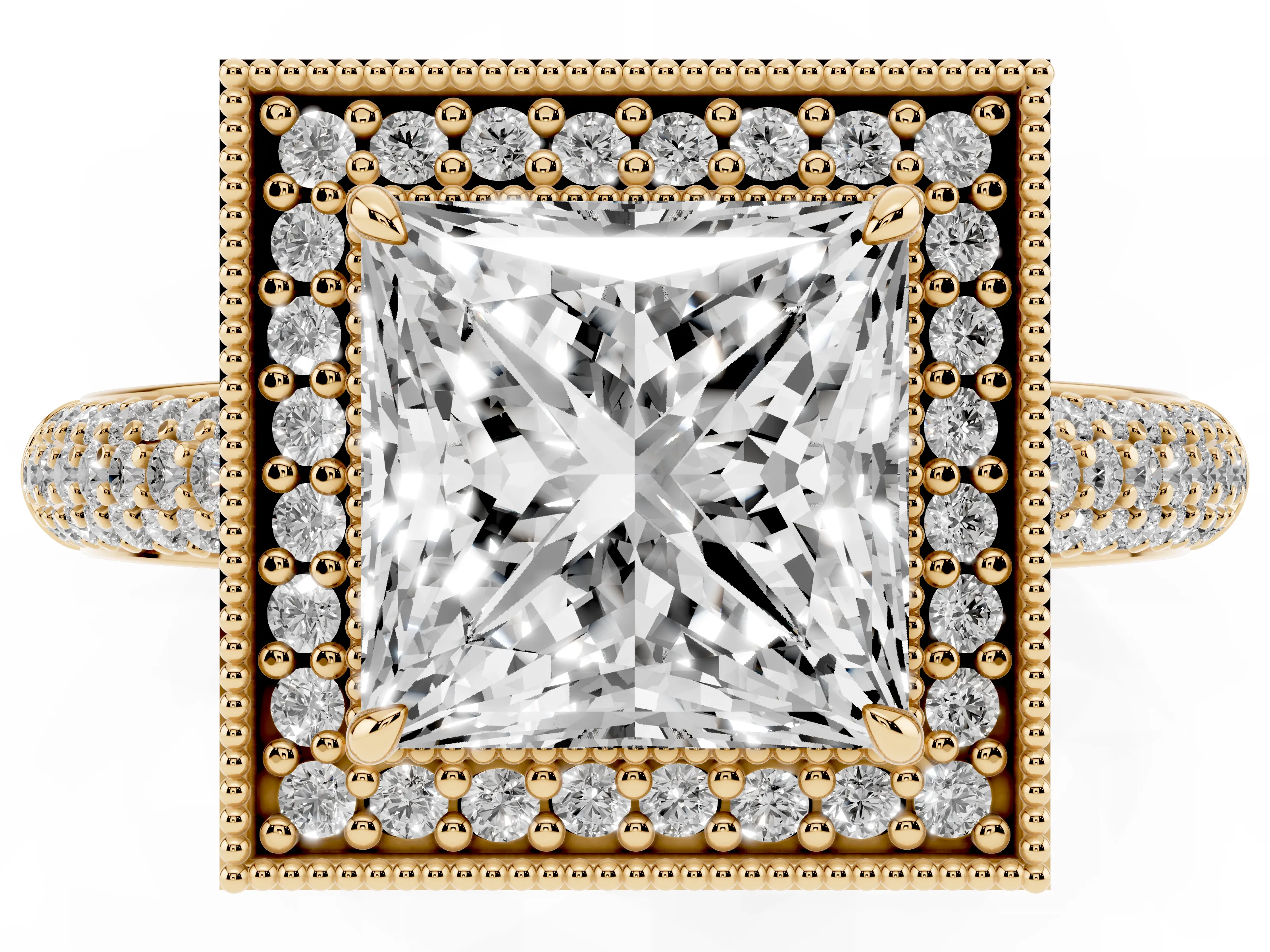 Princess Cut Diamond Halo Pavé Band Set in Yellow gold with Prong Setting