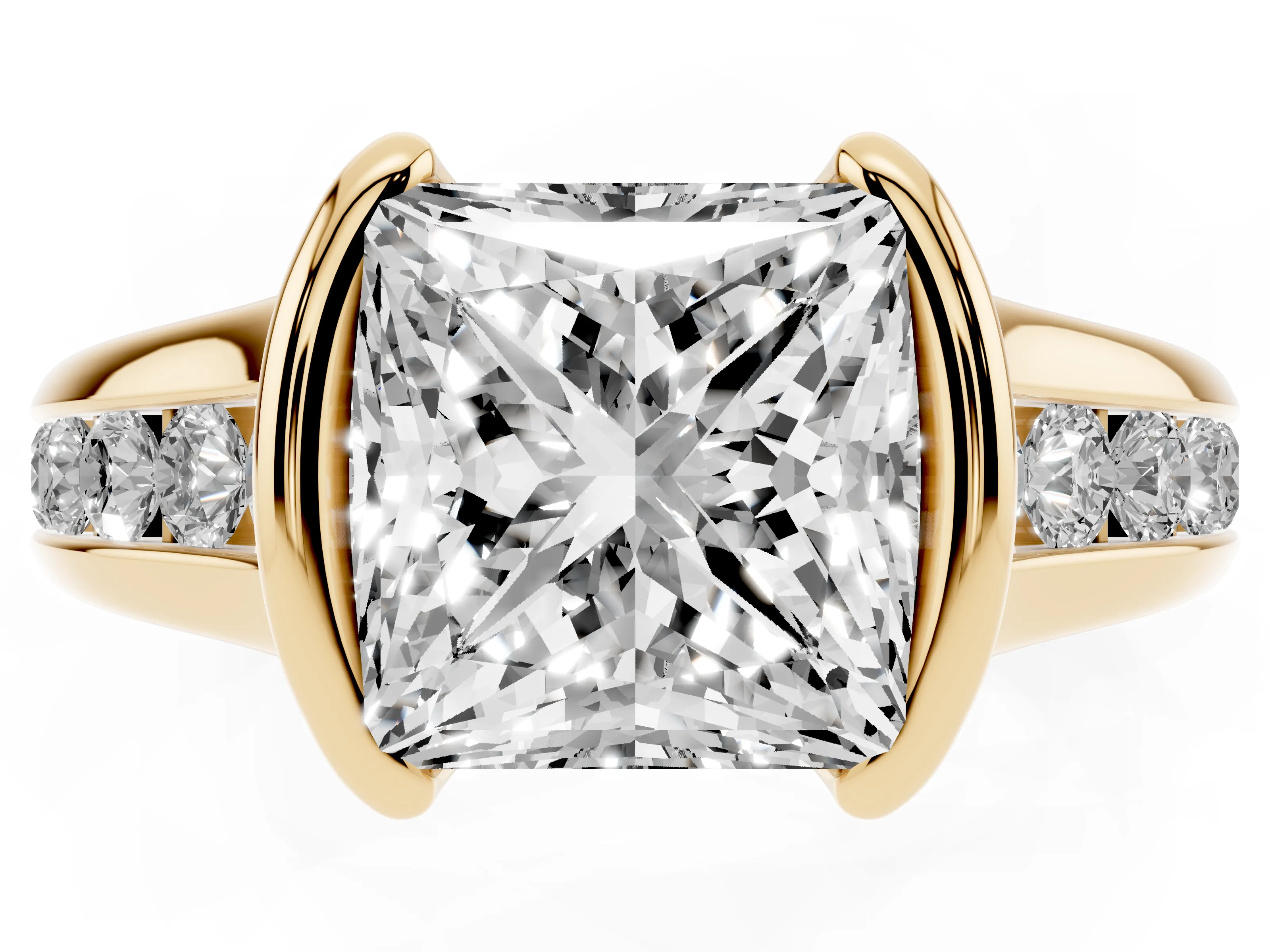 Princess Cut Diamond Bezel-Set Solitaire Ring Set in Yellow gold with Channel-Set Band