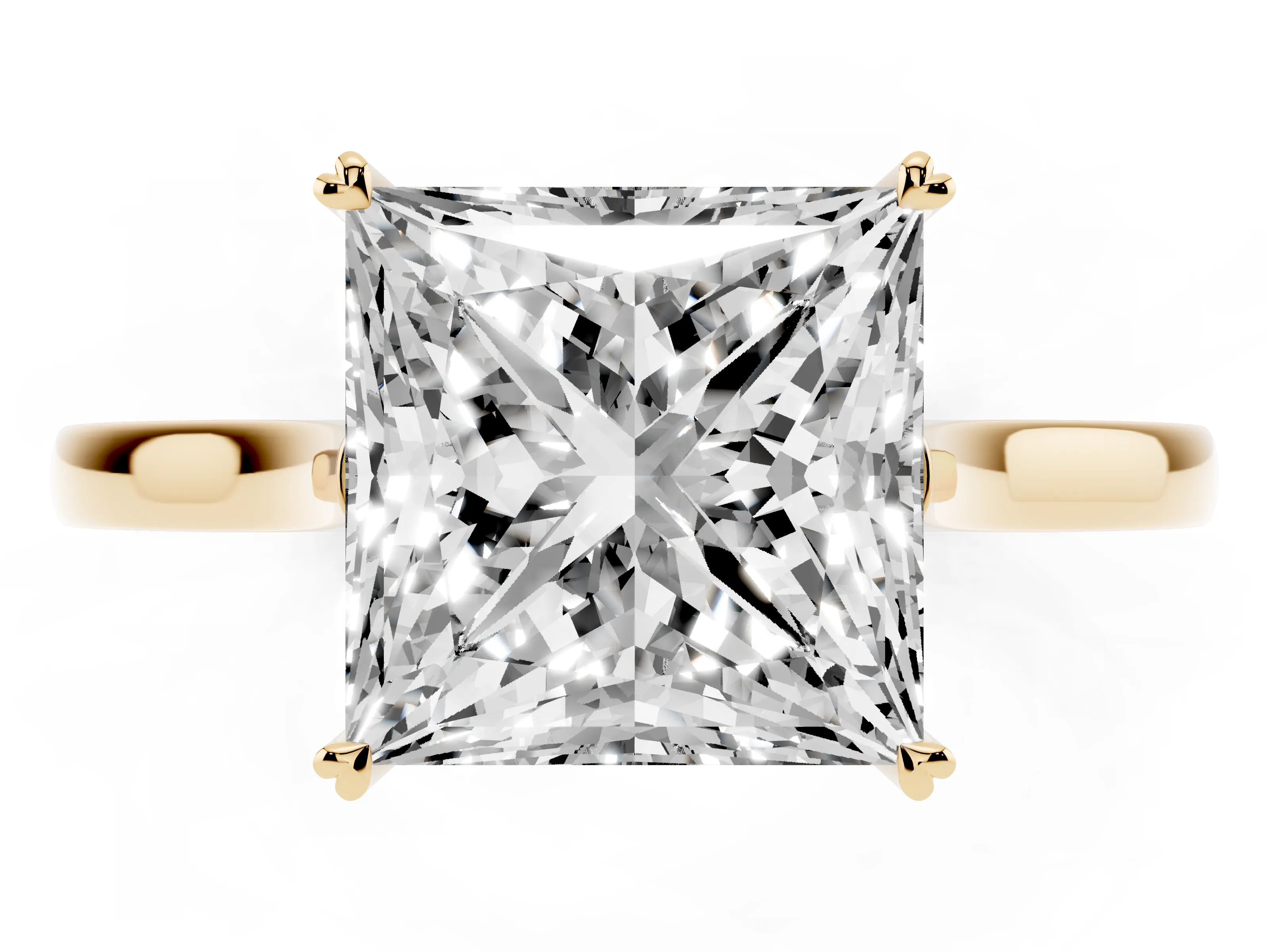 Princess Cut Diamond Solitaire Heart Prong Engagement Ring Set in Yellow gold with Tapered Band