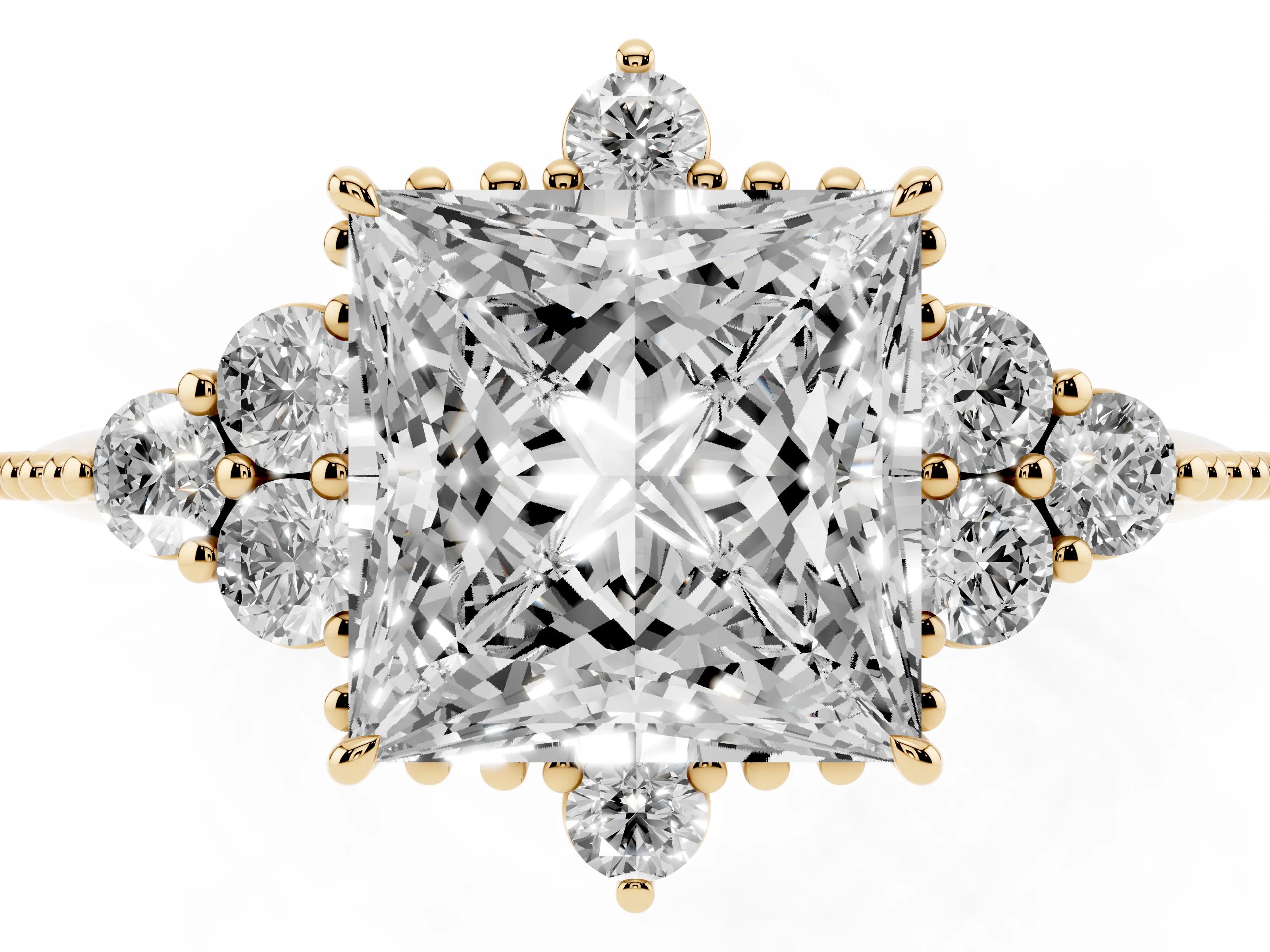 Princess Cut Diamond Cluster Ring Set in Yellow gold with Beaded Band
