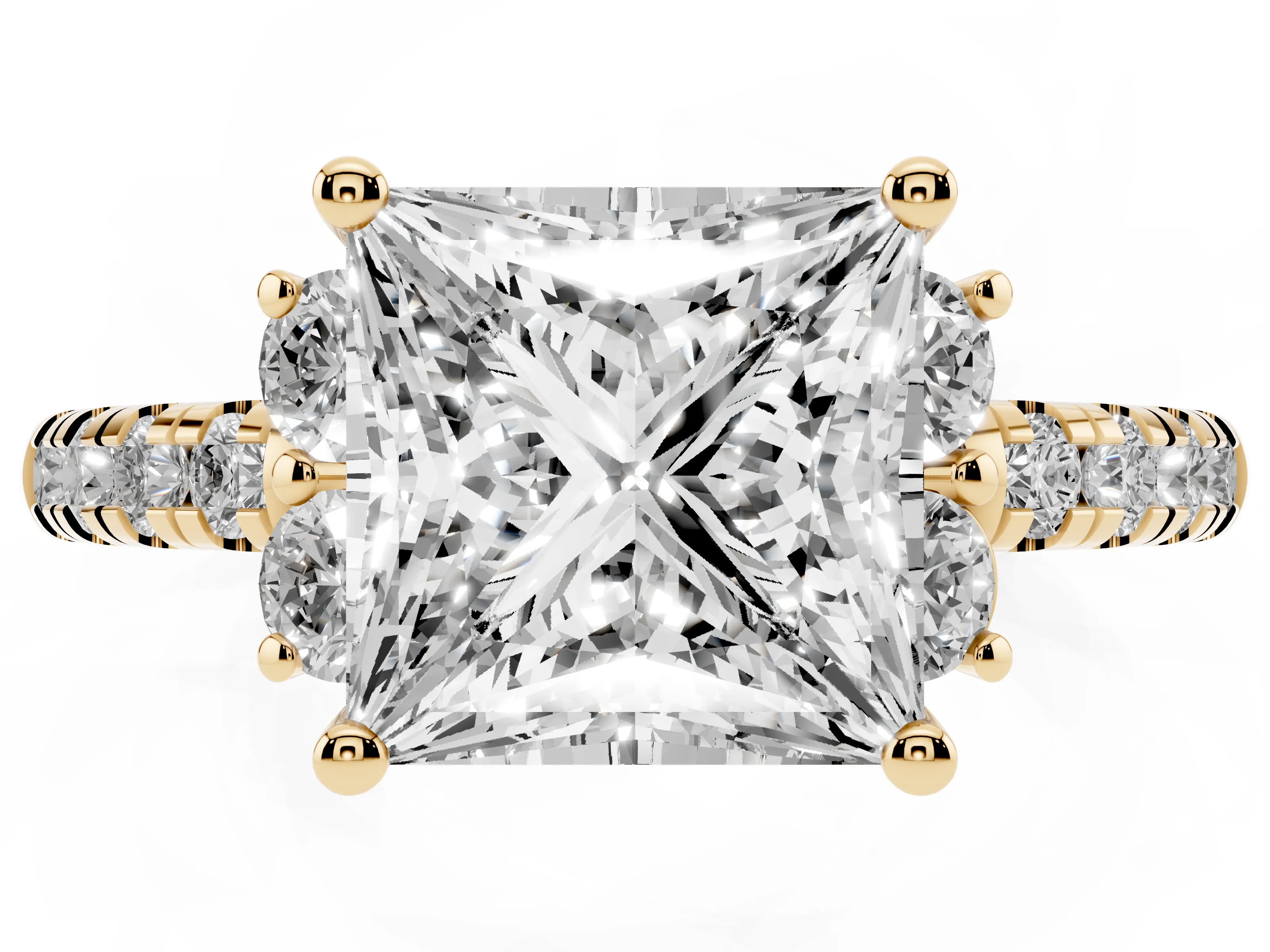 Princess Cut Diamond Three-Stone Pavé Ring Set in Yellow gold with Prong Setting