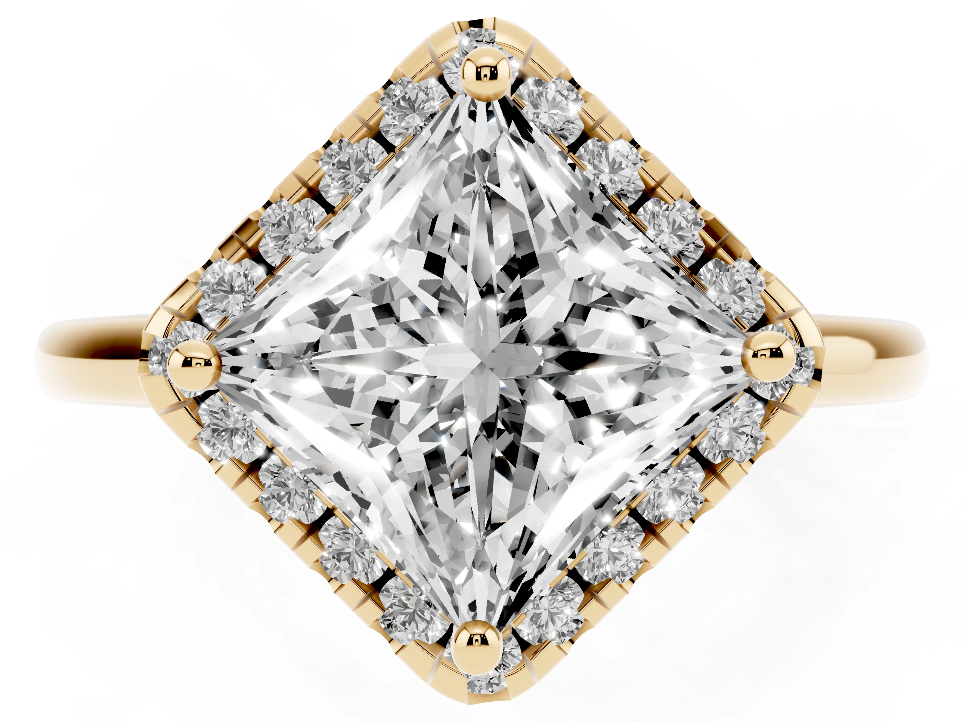 Princess Cut Diamond Halo Engagement Ring Set in Yellow gold with Pavé Band and Rising Shoulders