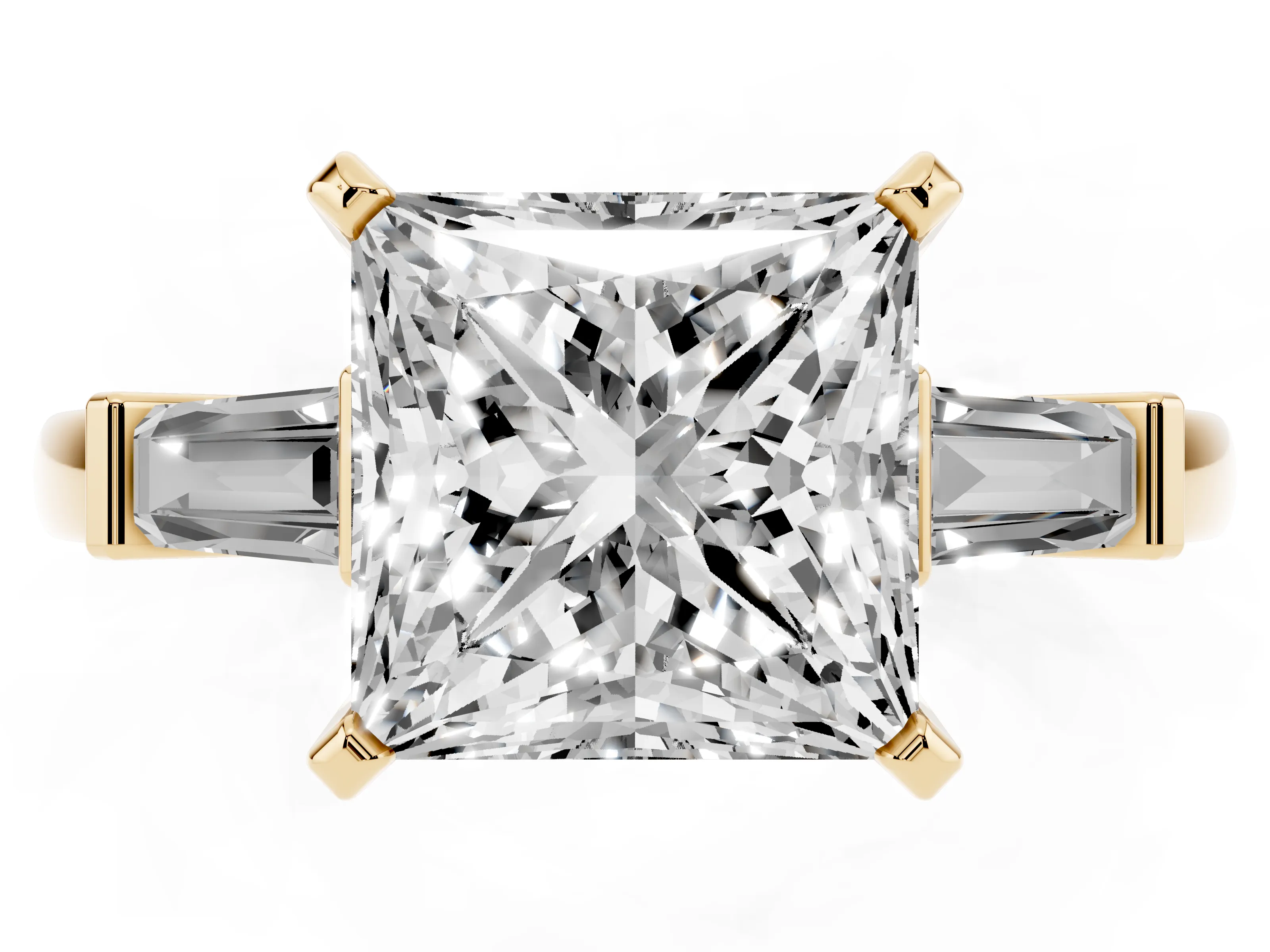 Princess Cut Diamond Solitaire Ring Set in Yellow gold with Tapered Baguette Accents and Prong Setting