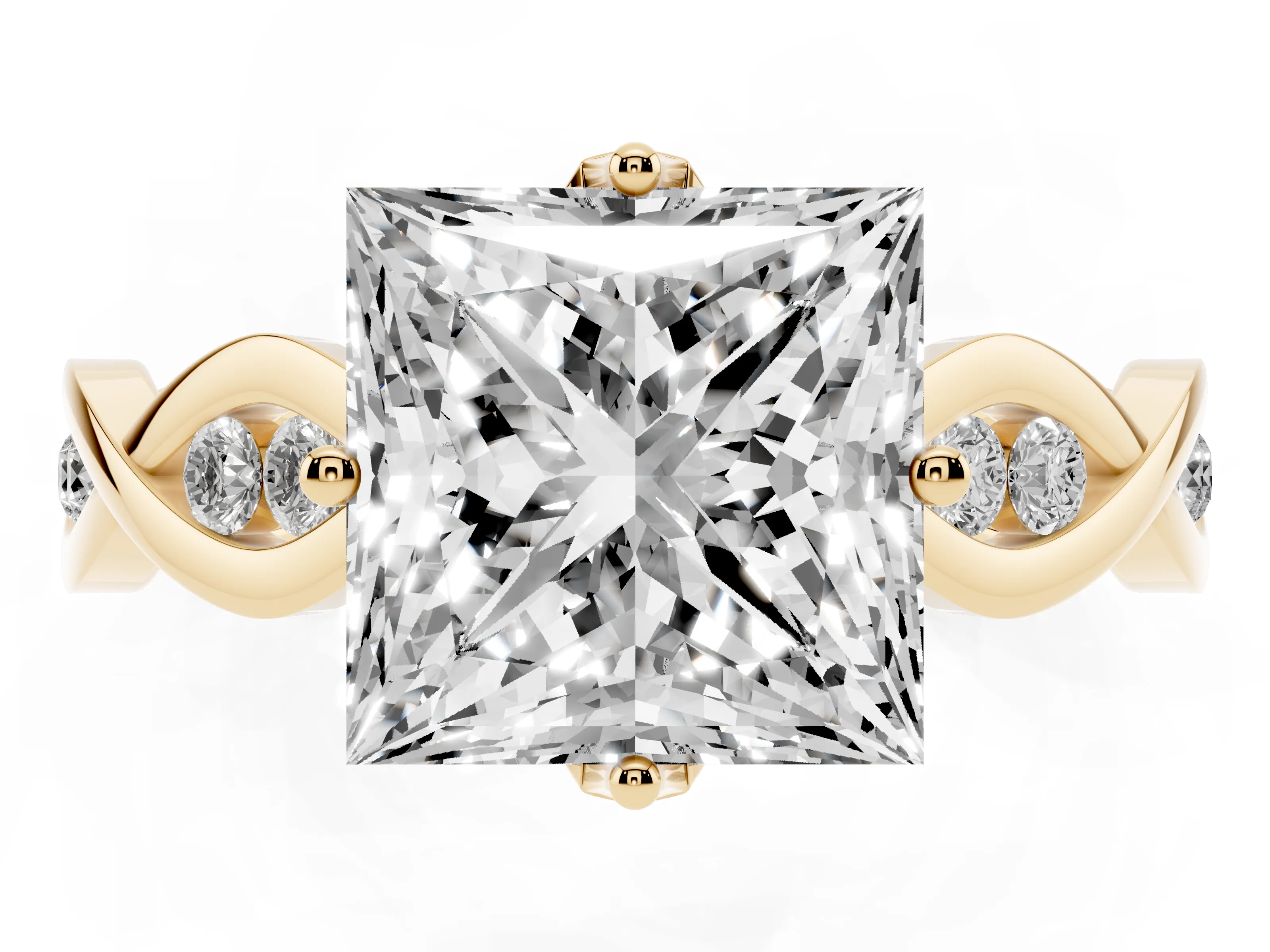 Princess Cut Diamond Twist Band Solitaire Ring Set in Yellow gold with Leaf Prong Setting and Accent Stones