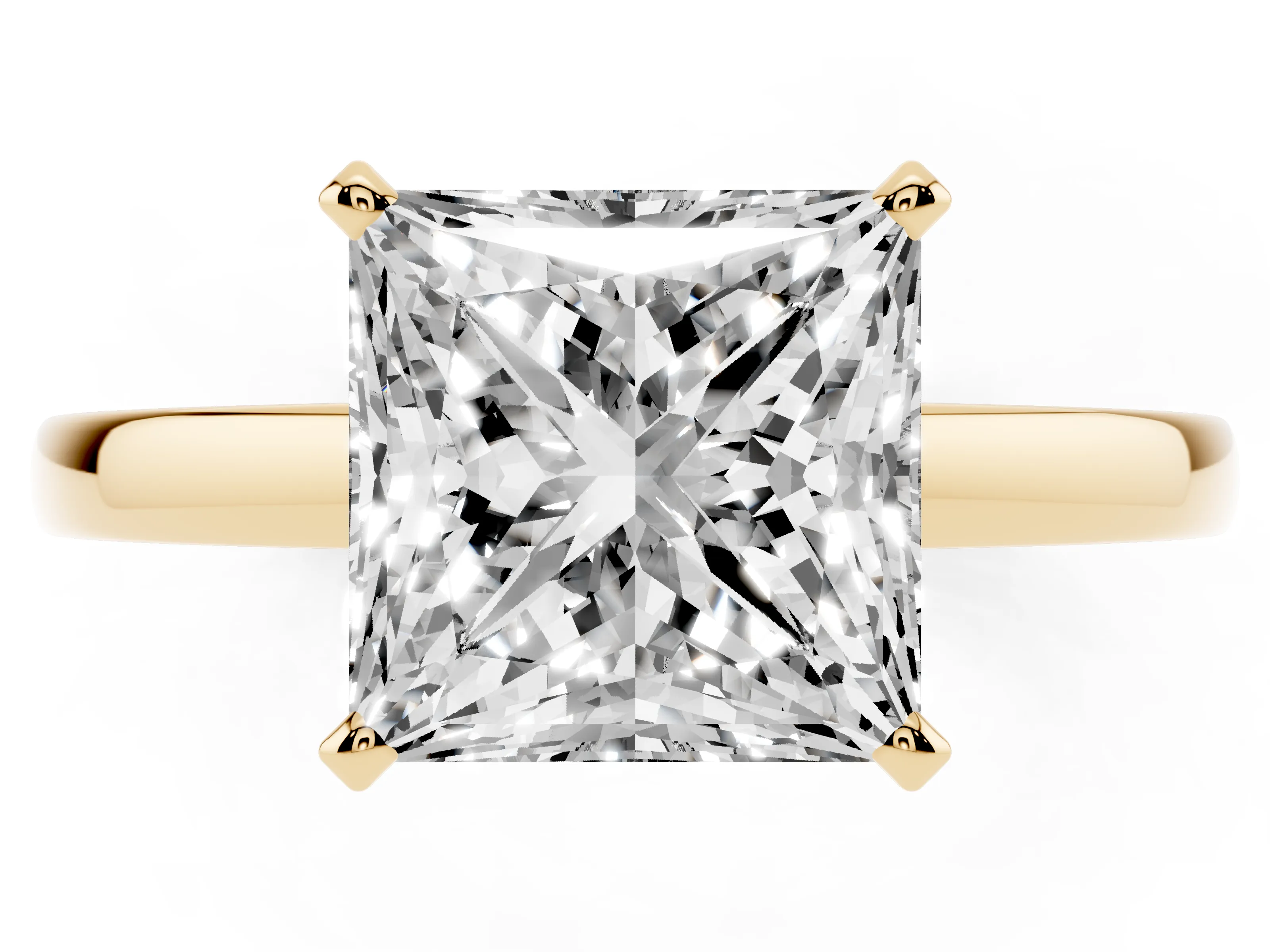 Princess Cut Diamond Solitaire Engagement Ring Set in Yellow gold with Prong Setting on a Classic Band
