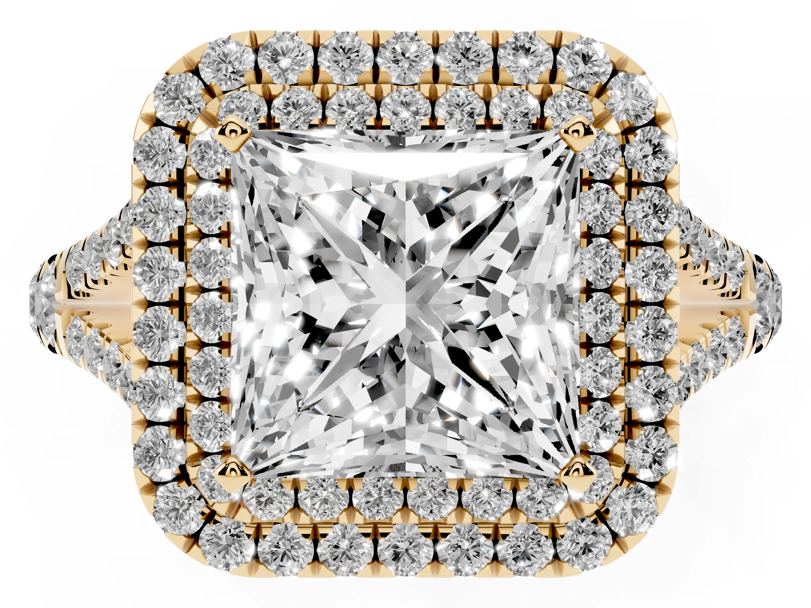 Princess Cut Diamond Pavé Split Shank Double Halo Engagement Ring Set in Yellow gold
