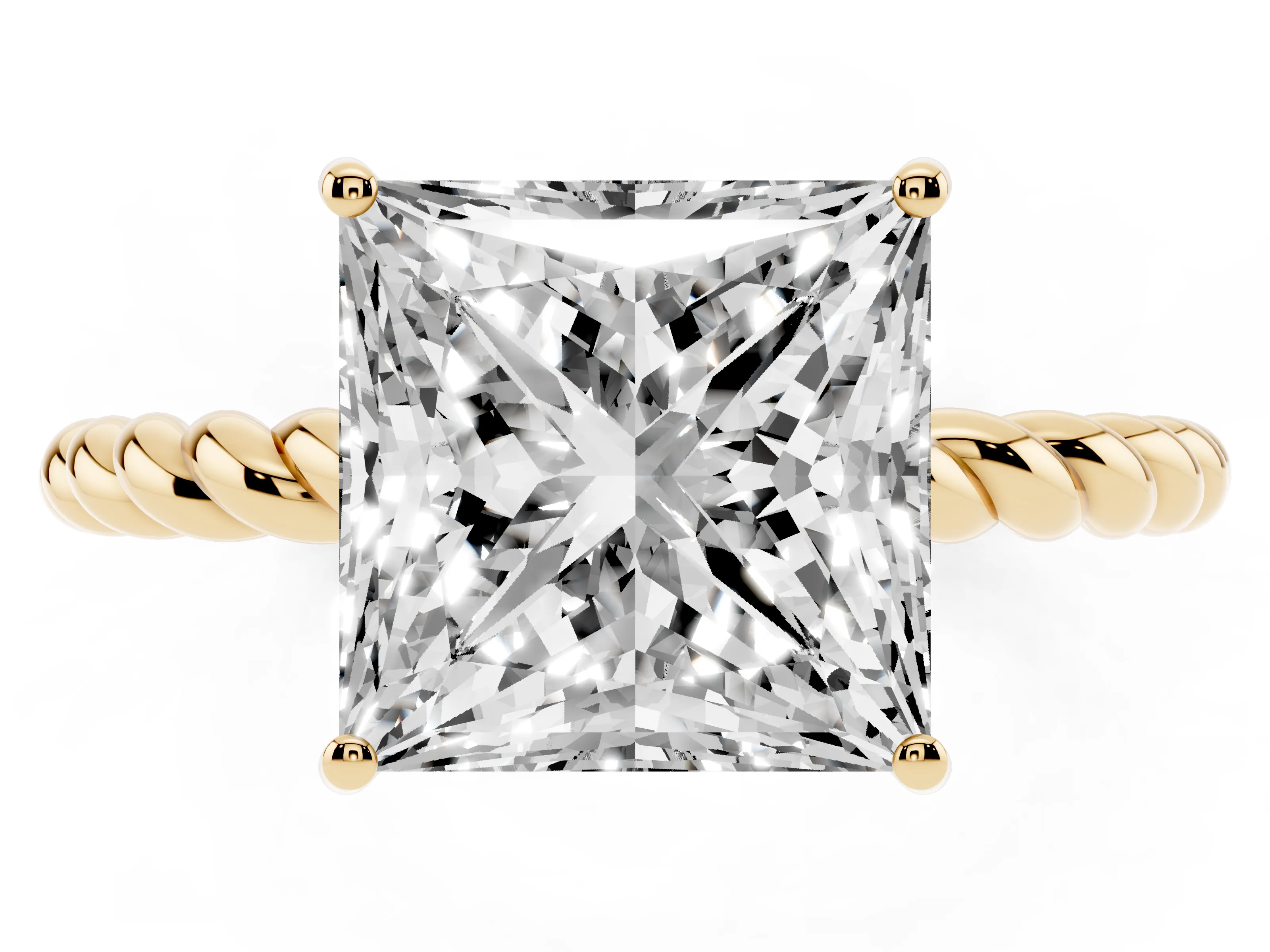 Princess Cut Diamond Solitaire Ring Set in Yellow gold with Twist Band and Prong Setting