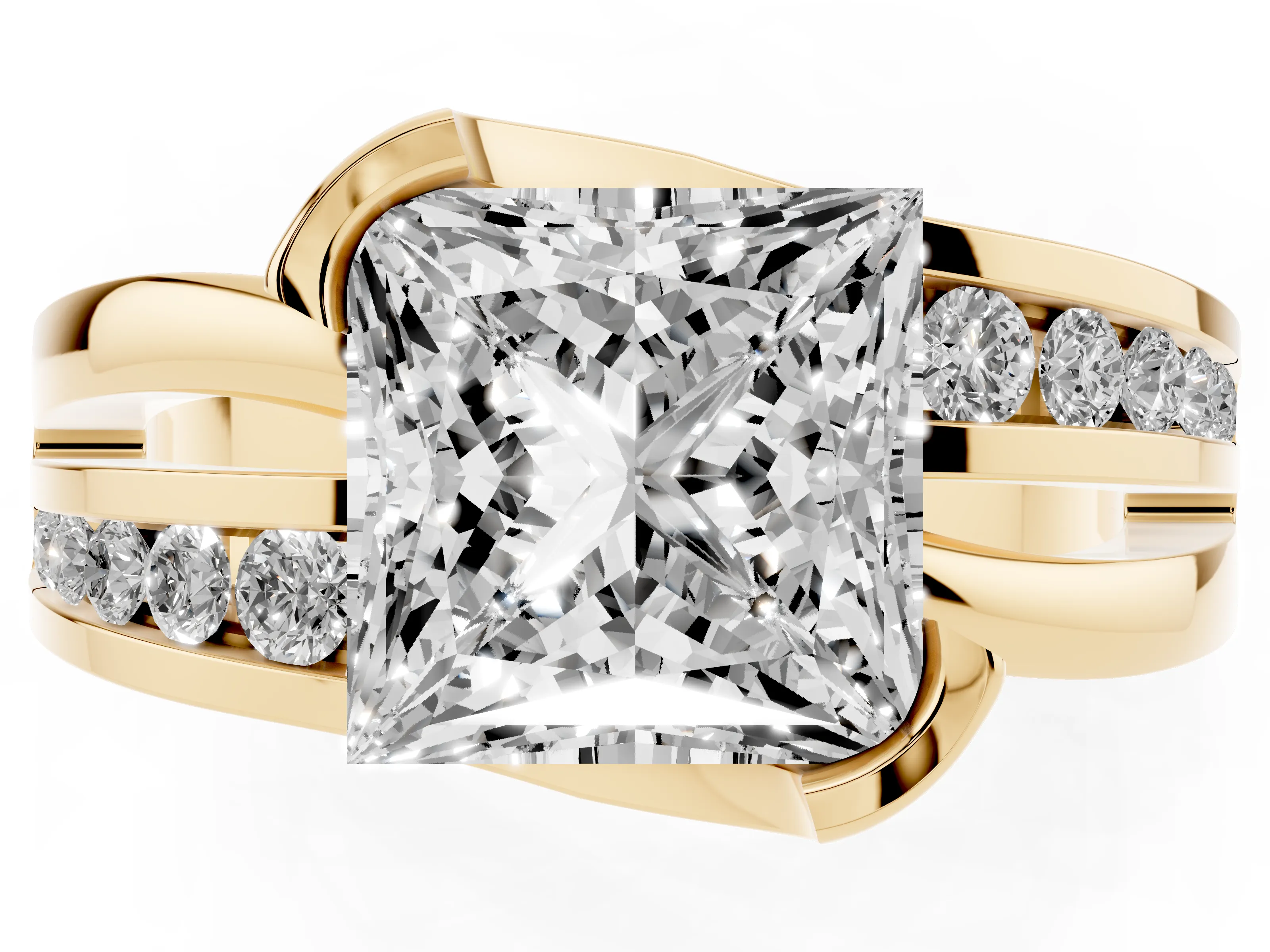 Princess Cut Diamond Solitaire Ring Set in Yellow gold with Channel Set Split Shank and Tension Prongs