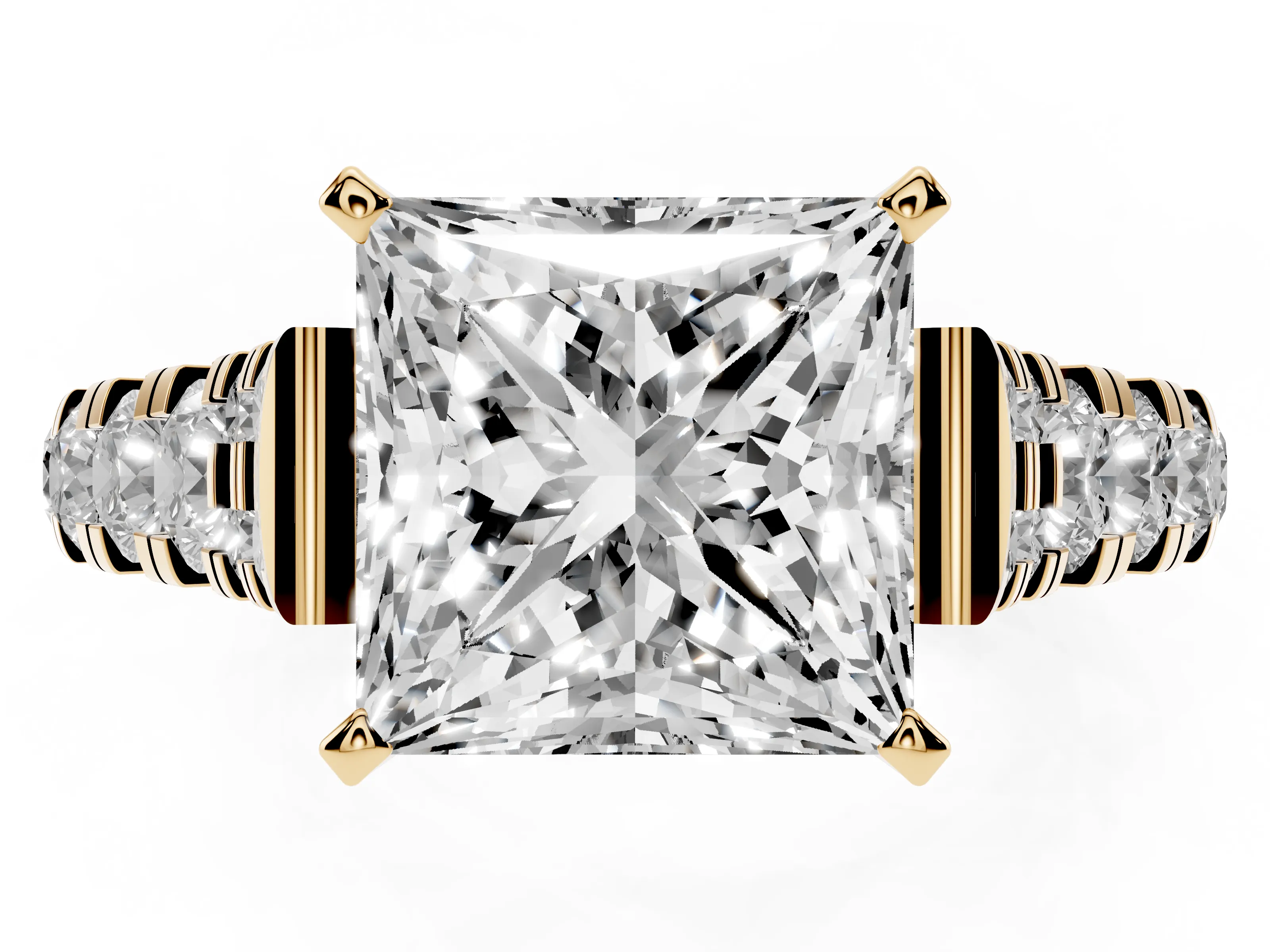 Princess Cut Diamond Classic Solitaire Ring Set in Yellow gold with Pavé Band and Prong Setting