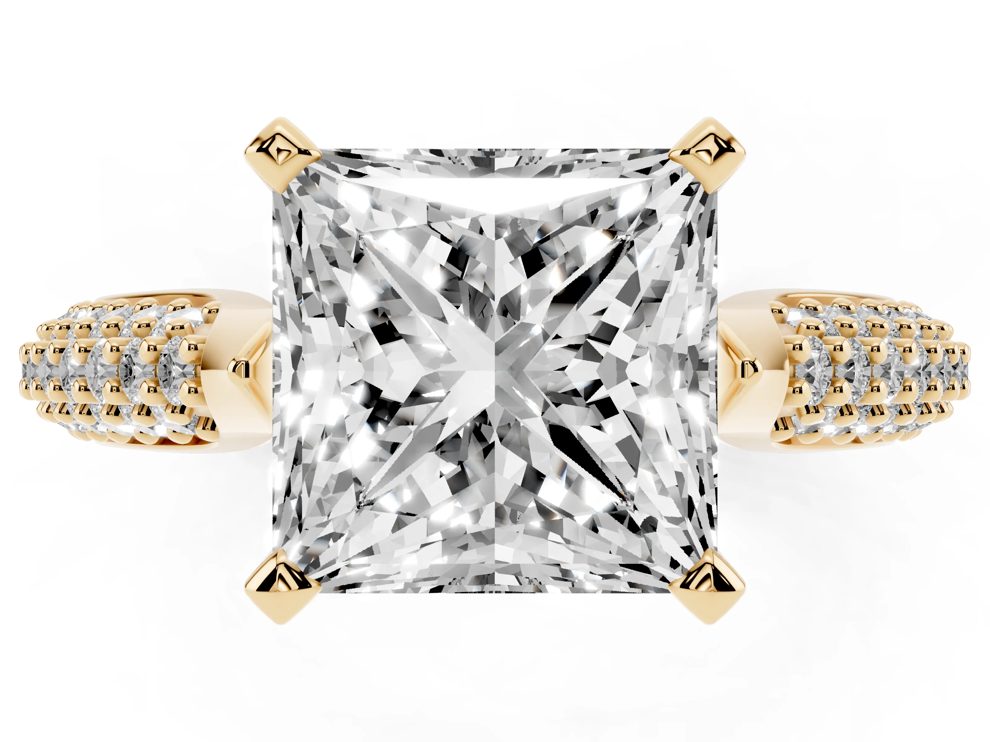 Princess Cut Diamond Solitaire Engagement Ring Set in Yellow gold with Multi-Row Round Pavé Band and Prong Setting