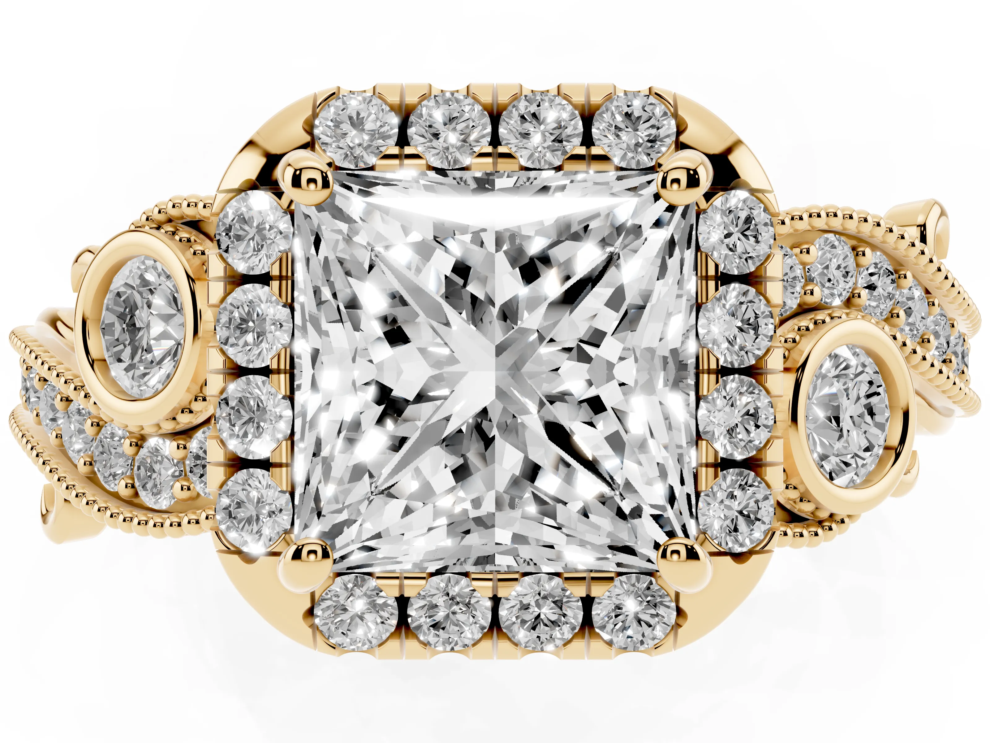 Princess Cut Diamond Halo Ring Set in Yellow gold with Milgrain Pavé Band and Prong Setting