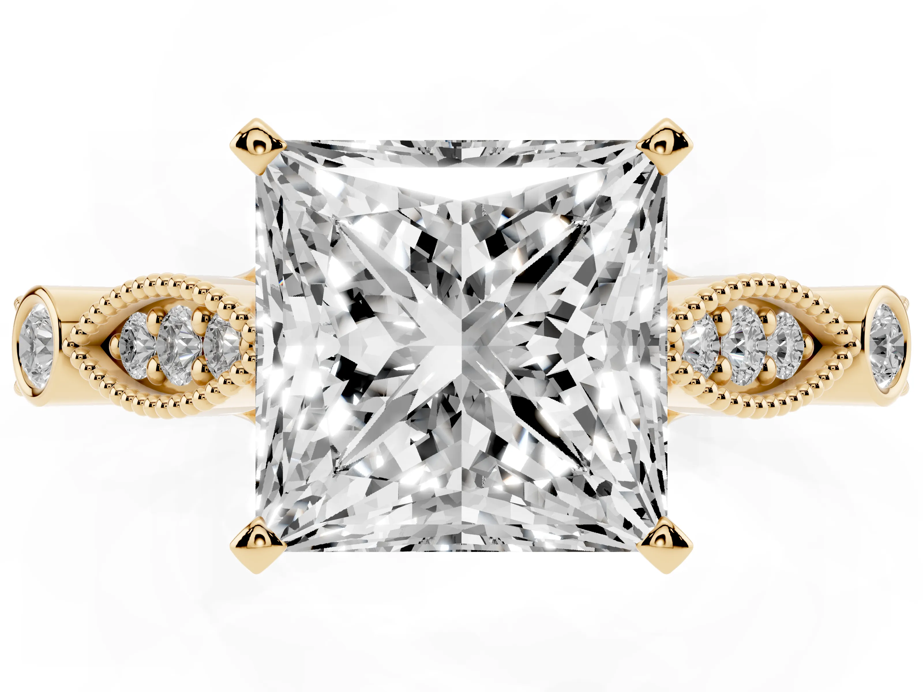 Princess Cut Diamond Solitaire Ring Set in Yellow gold with Milgrain Marquise and Bezel Accents