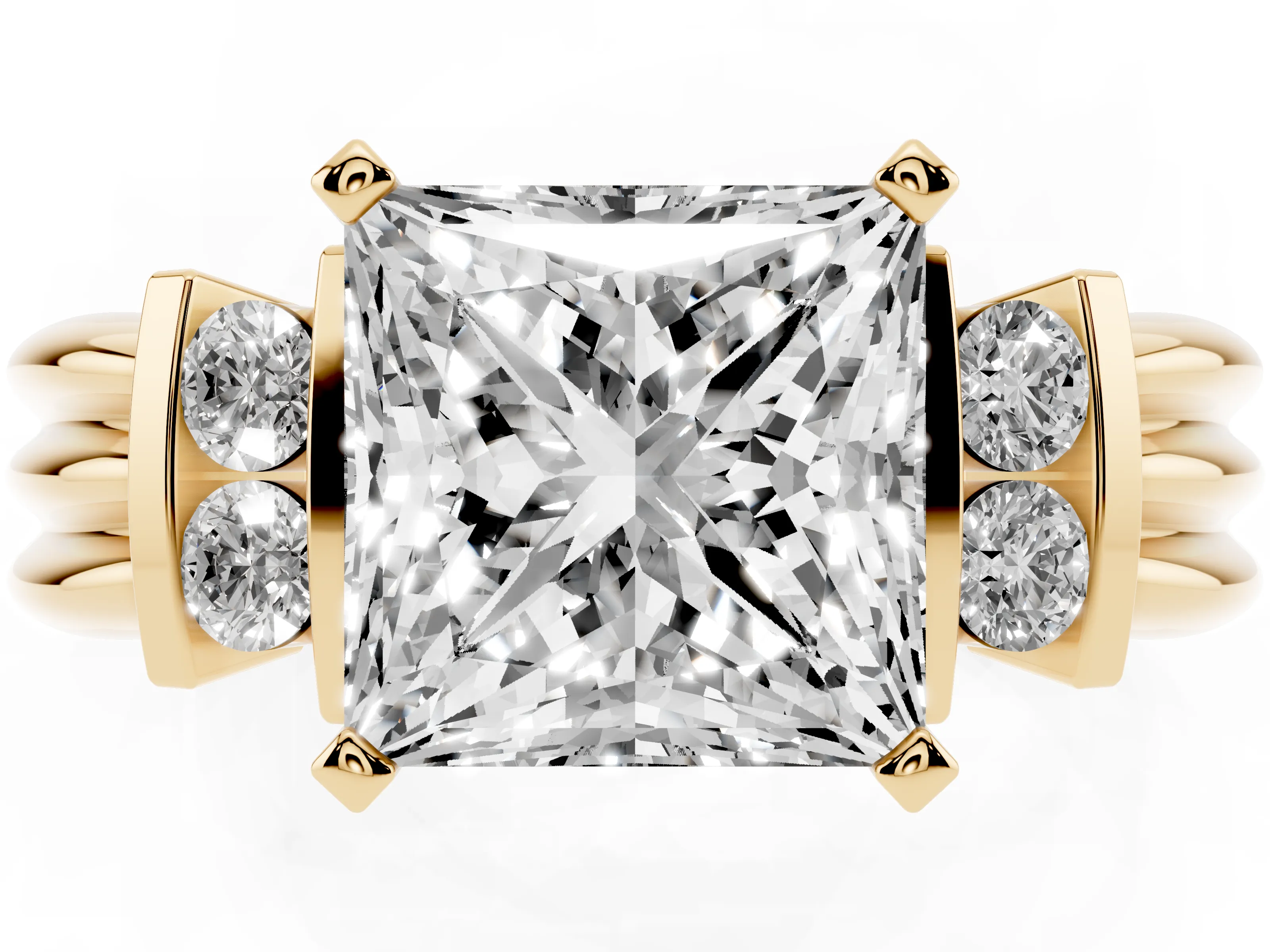 Three-Stone Princess Cut Diamond Channel Set Ring Set in Yellow gold with Bar Prongs