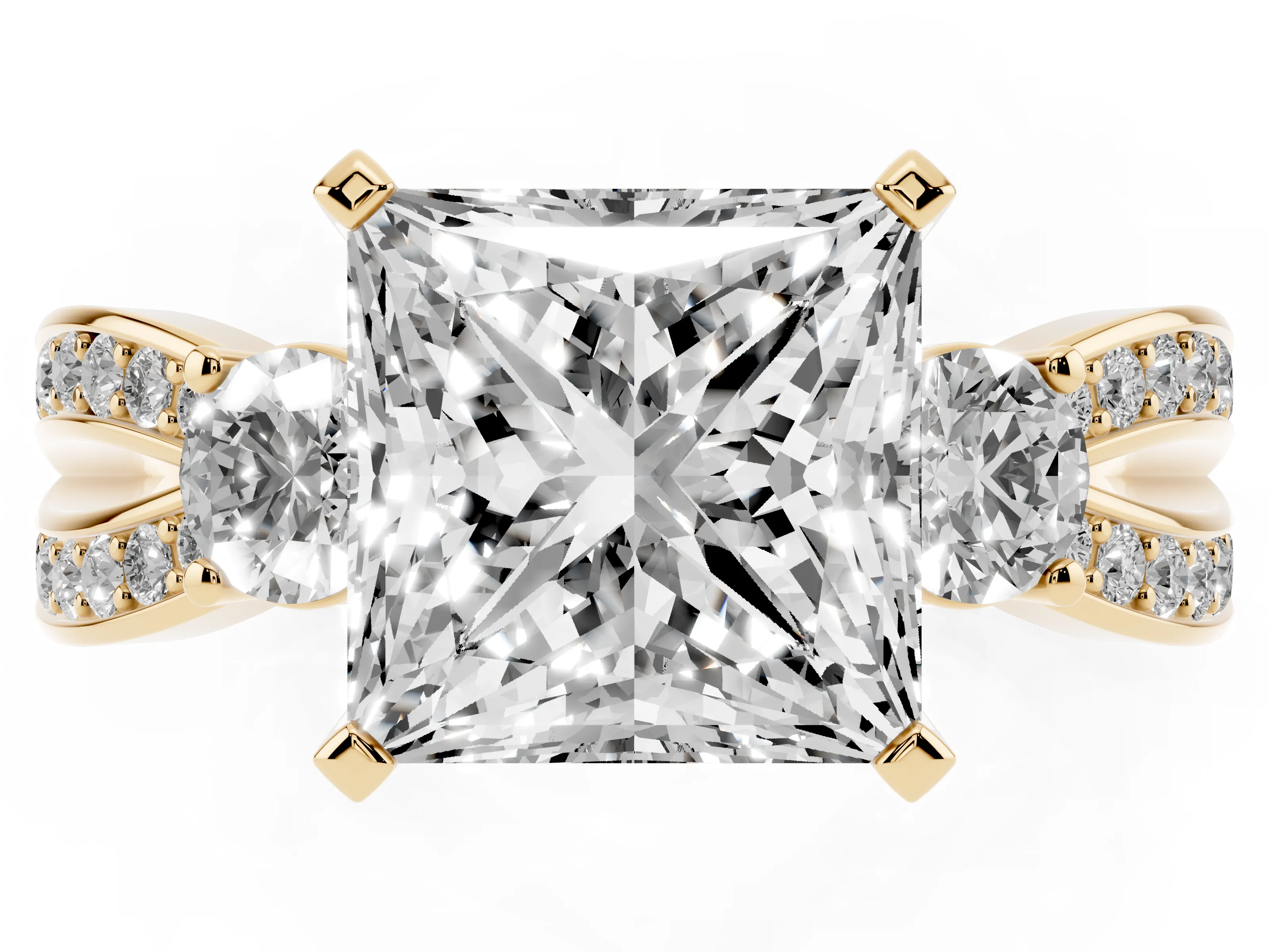 Three-Stone Princess Cut Diamond Twist Band Ring Set in Yellow gold with Pavé Accents and Prong Setting