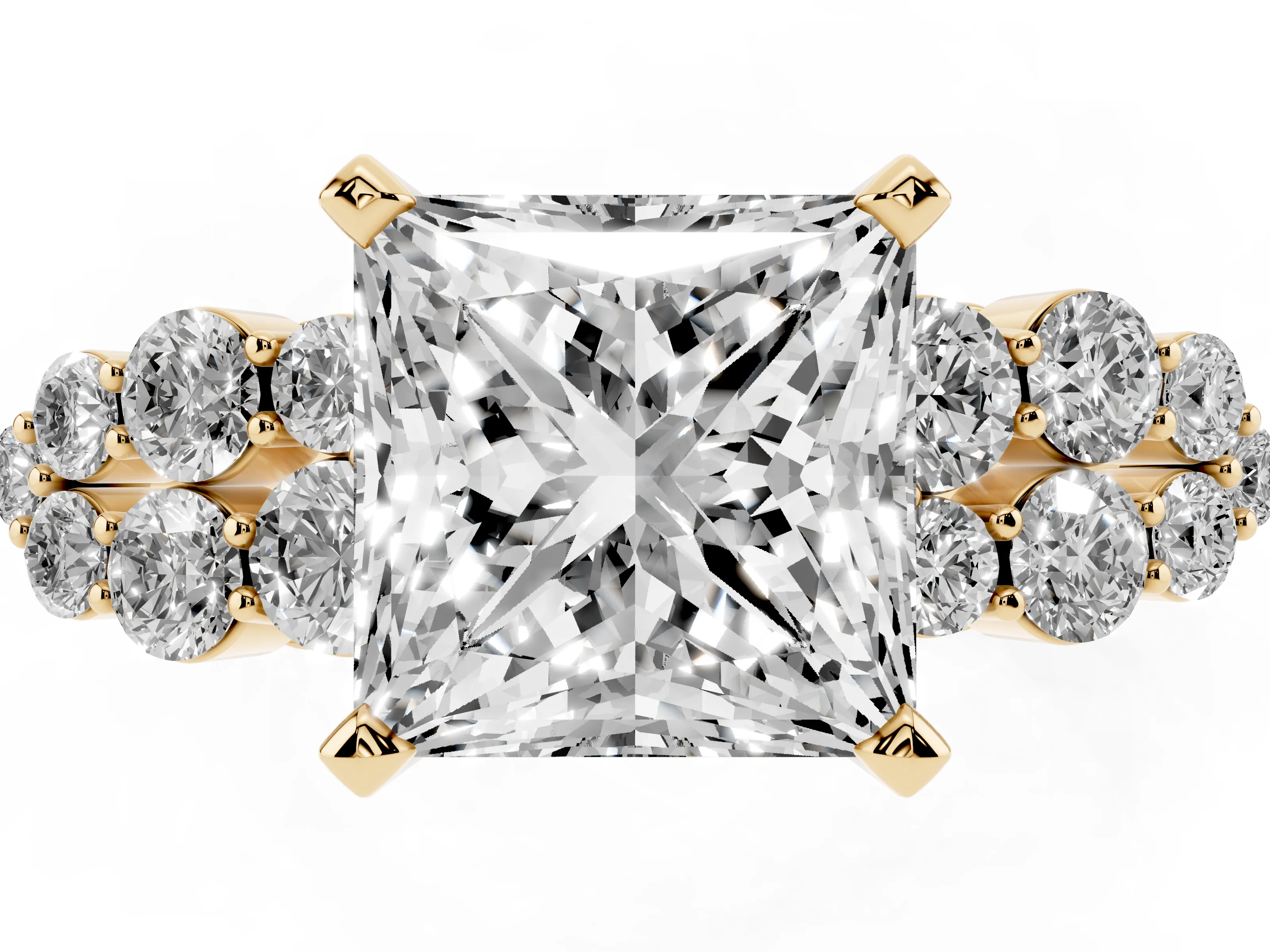 Princess Cut Diamond Cluster Engagement Ring Set in Yellow gold with Pavé Band and Prong Setting
