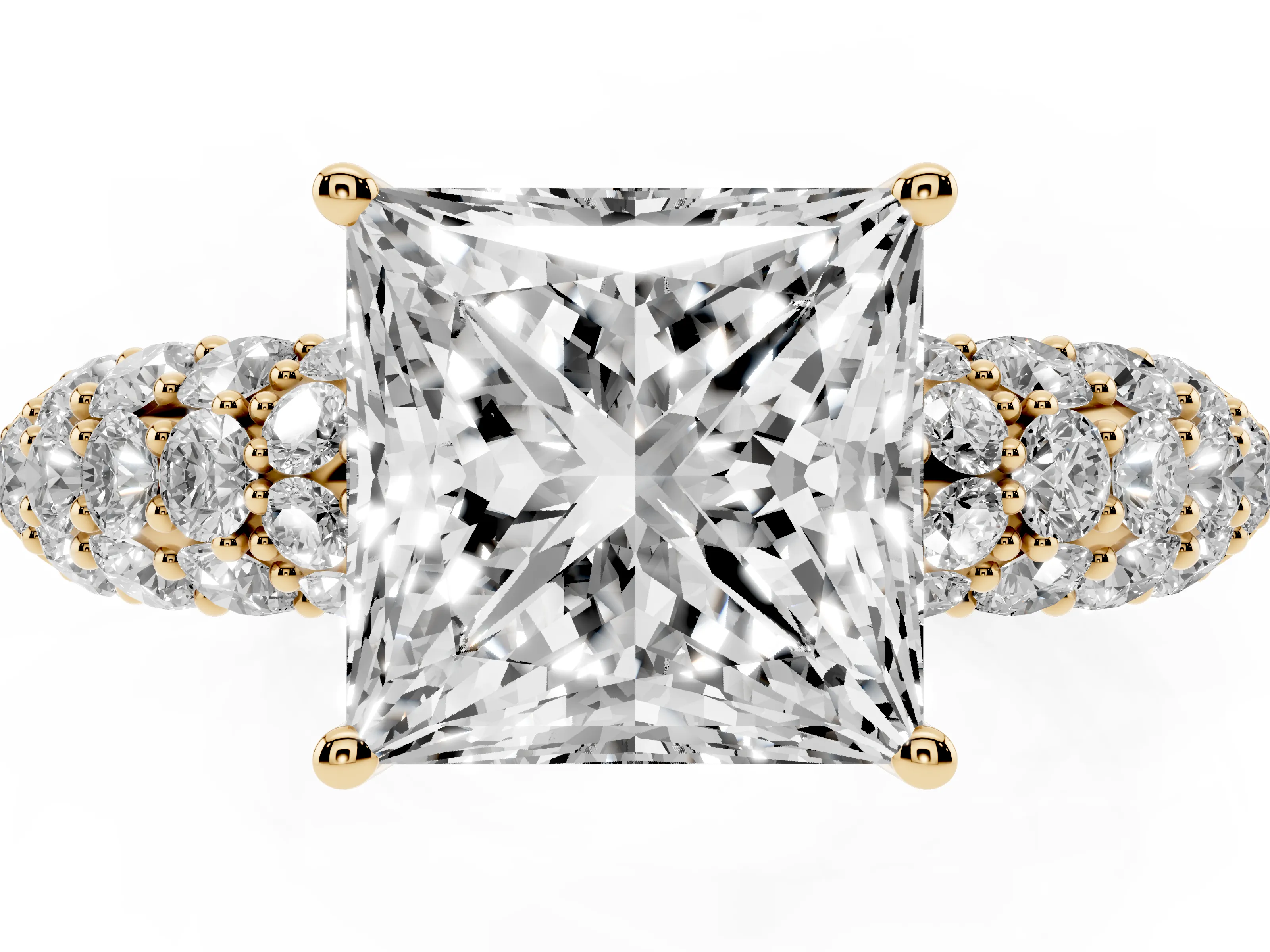 Princess Cut Diamond Pavé Band Solitaire Ring Set in Yellow gold with Close-Set Accent Stones and Prong Setting