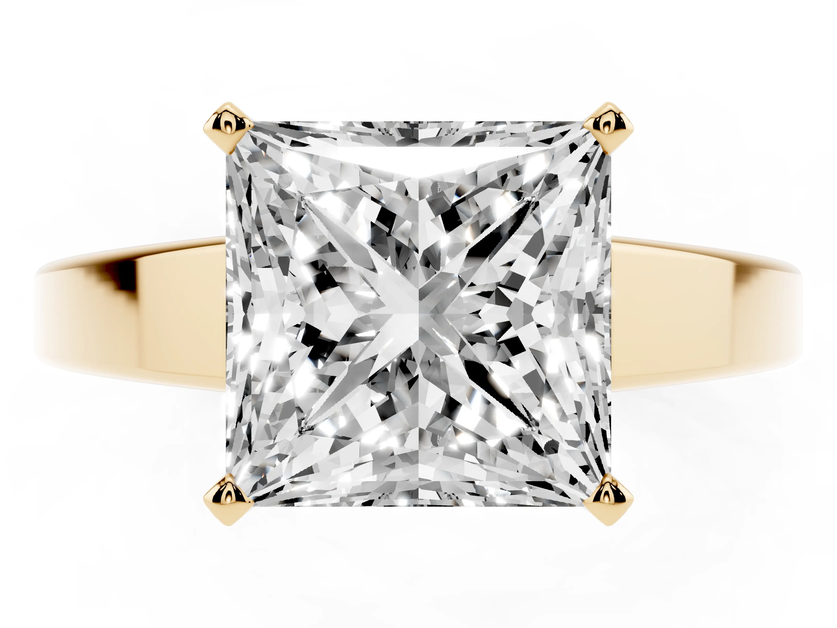 Princess Cut Diamond Solitaire Engagement Ring Set in Yellow gold with Prong Setting and Tapered Band
