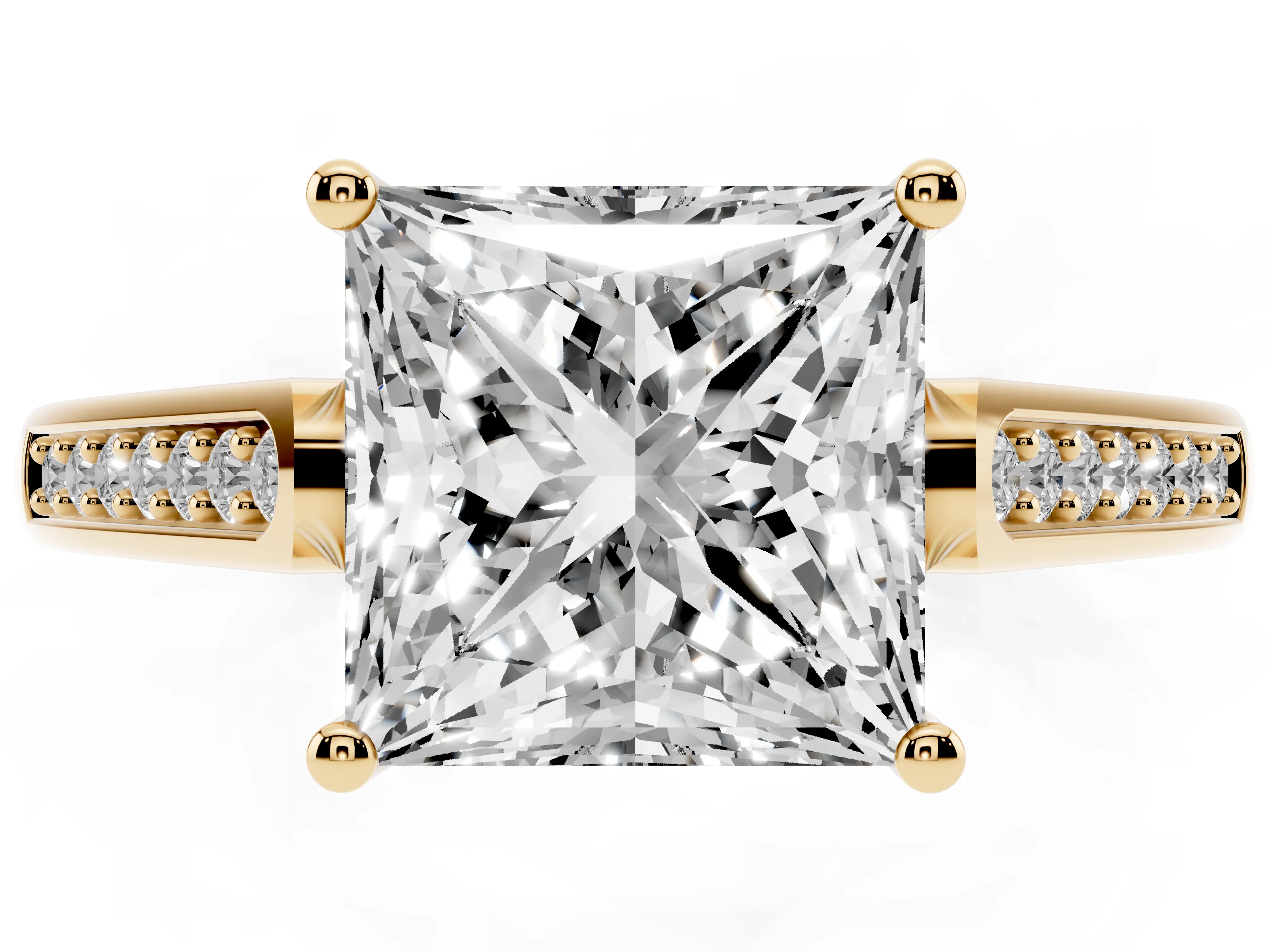 Princess Cut Diamond Solitaire Cathedral Engagement Ring Set in Yellow gold with Channel-Set Band and Prong Setting