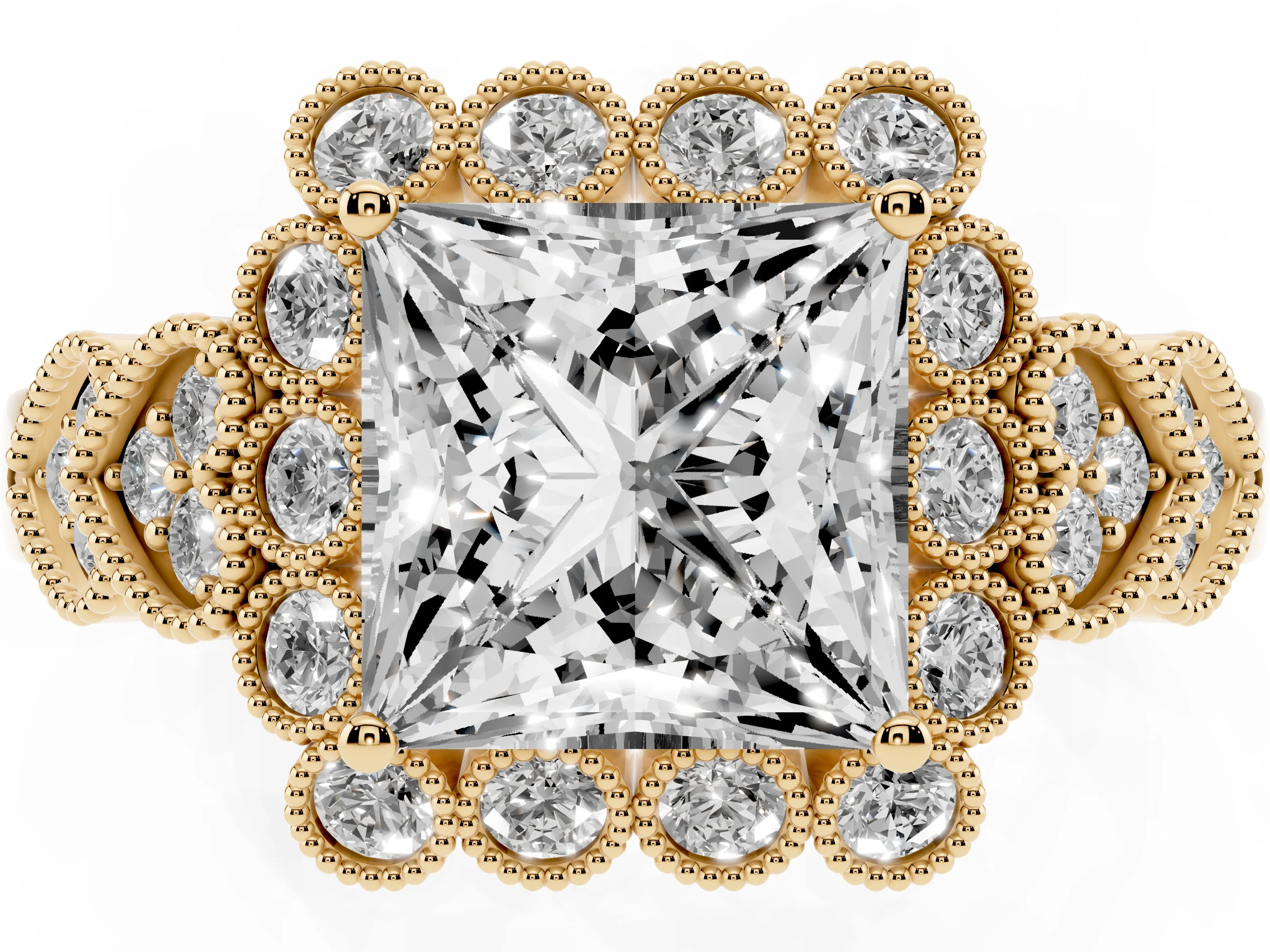 Princess Cut Diamond Solitaire Ring Set in Yellow gold with Milgrain Pavé Heart Band