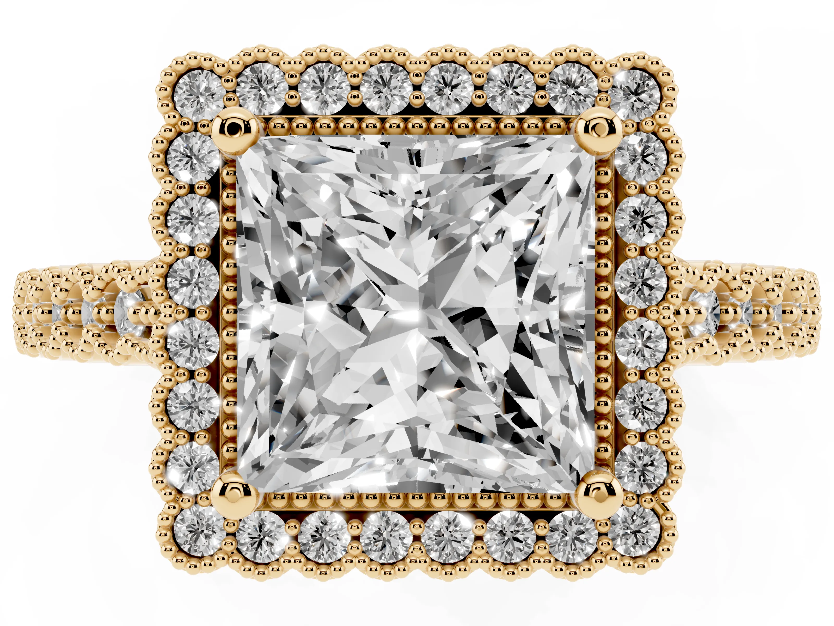 Princess Cut Diamond Halo Ring Set in Yellow gold with Pavé Milgrain Band