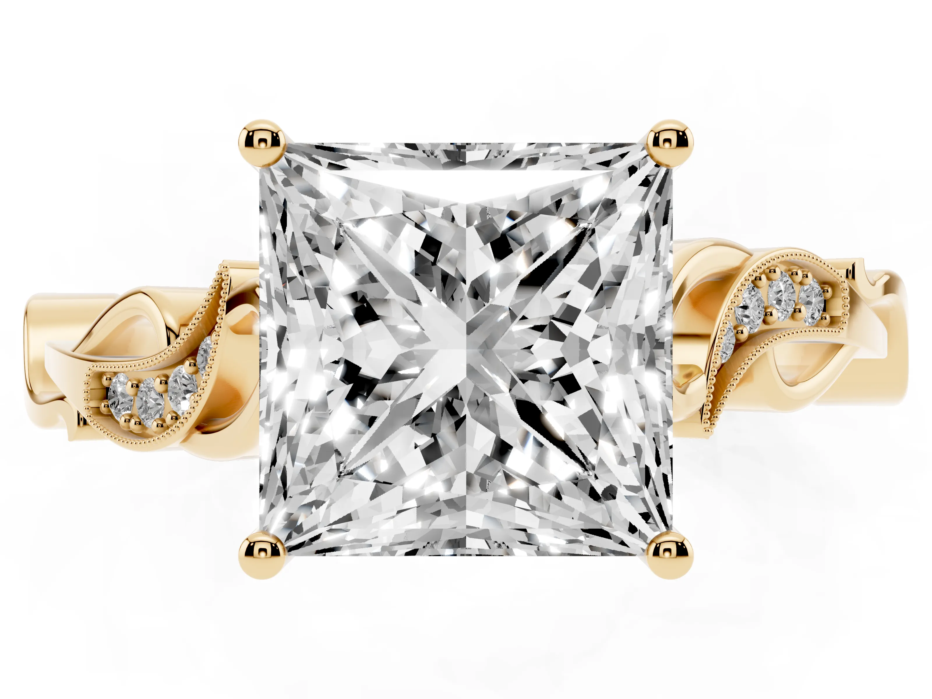 Princess Cut Diamond Vine Band Solitaire Ring Set in Yellow gold with Milgrain Prong Setting