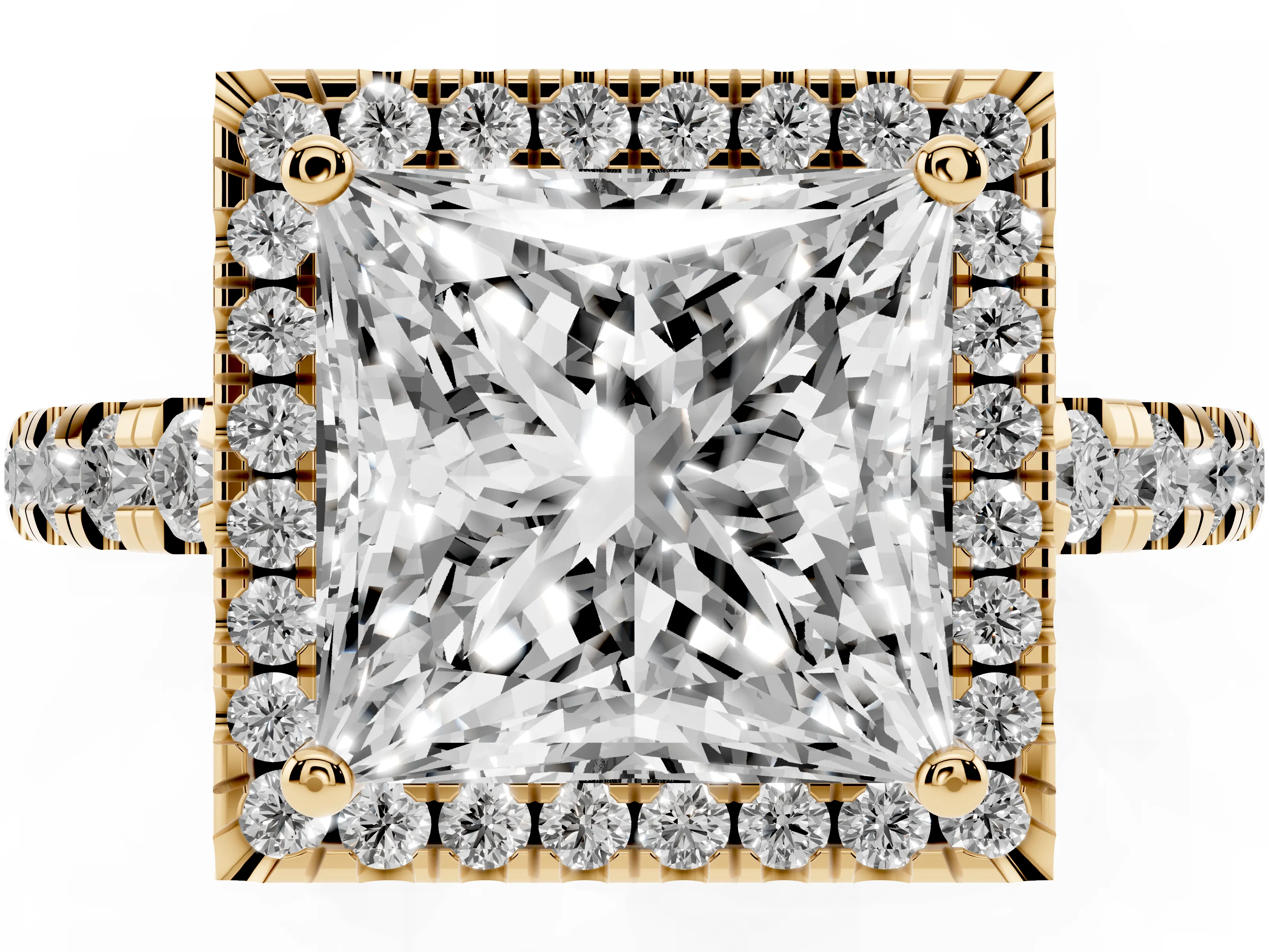 Princess Cut Diamond Halo Ring Set in Yellow gold with Delicate Pavé Band and Prong Setting