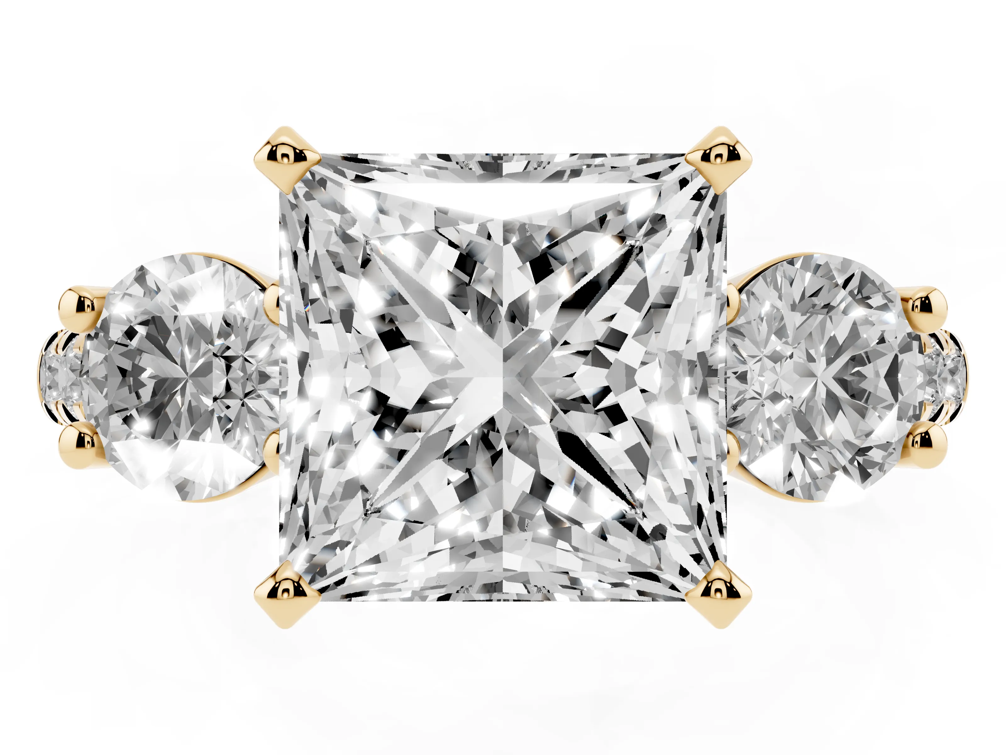Three-Stone Princess Cut Diamond Pavé Band Ring Set in Yellow gold with Prong-Set Trio