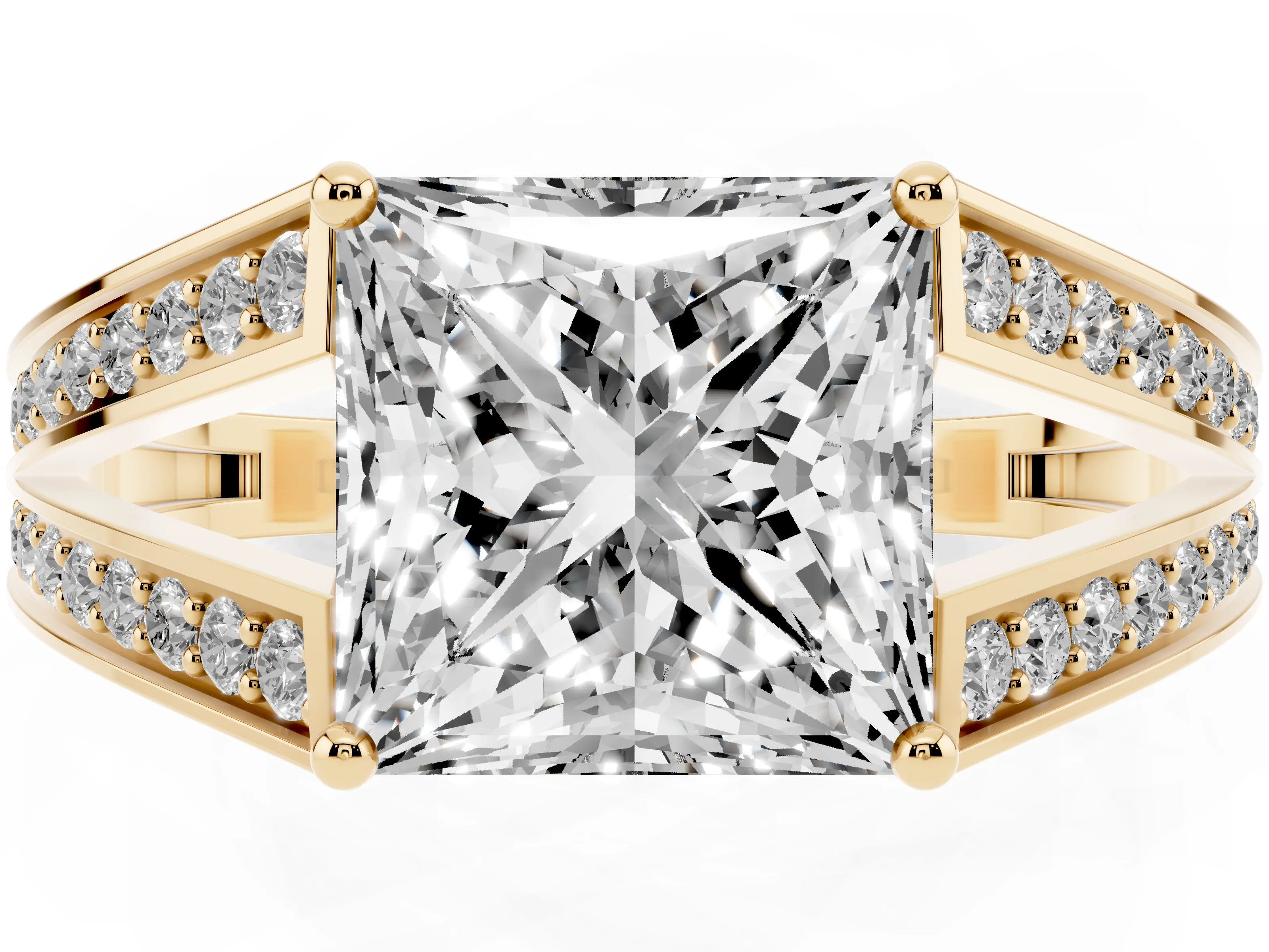Princess Cut Diamond Split Shank Ring Set in Yellow gold with Pavé Band and Prong Setting