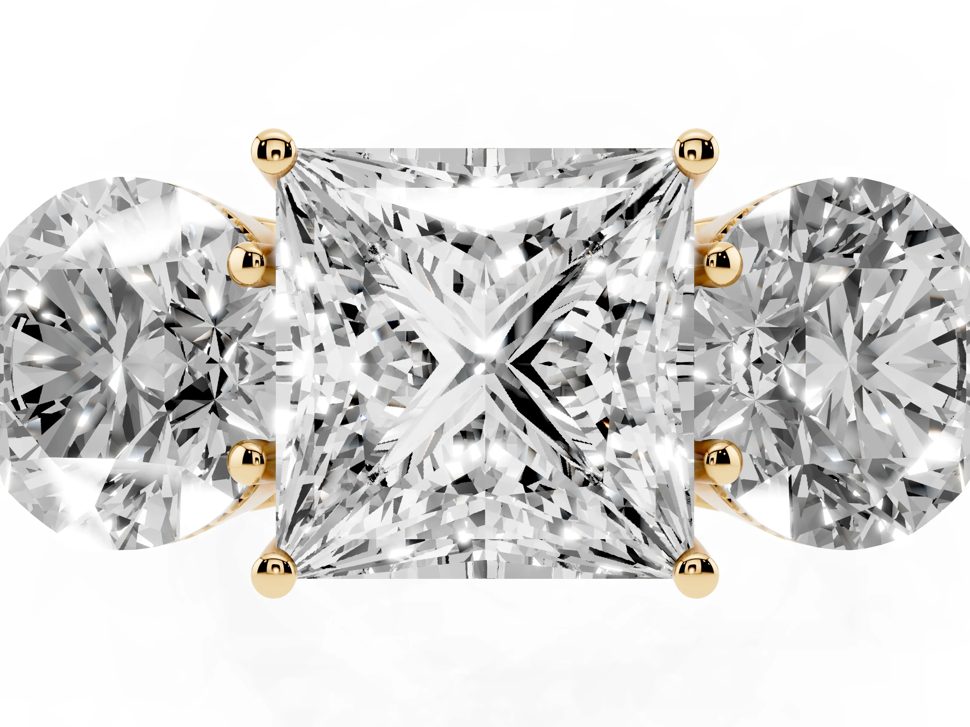 Princess Cut Diamond Three-Stone Engagement Ring Set in Yellow gold with Polished Band