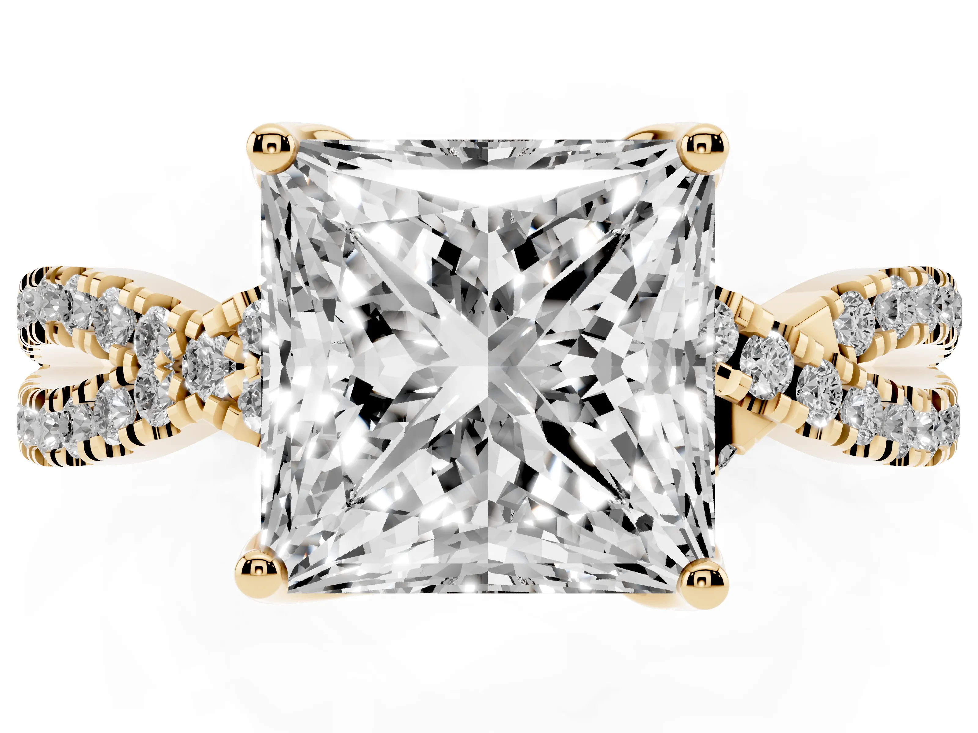 Princess Cut Diamond Twist Pavé Solitaire Engagement Ring Set in Yellow gold with Prong Setting