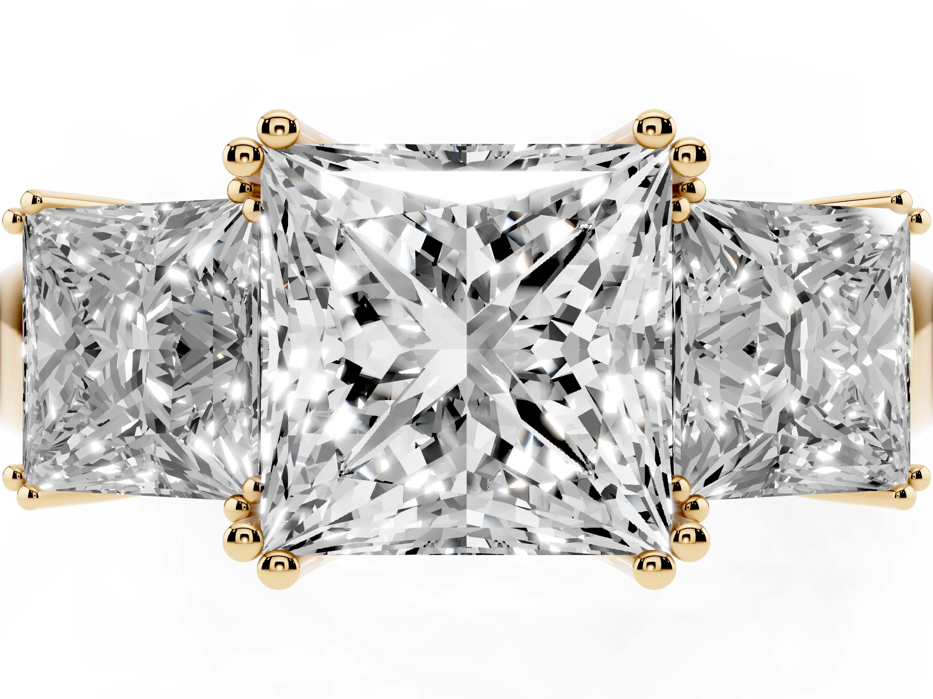 Princess Cut Diamond Three-Stone Ring Set in Yellow gold with Polished Channel-Set Band