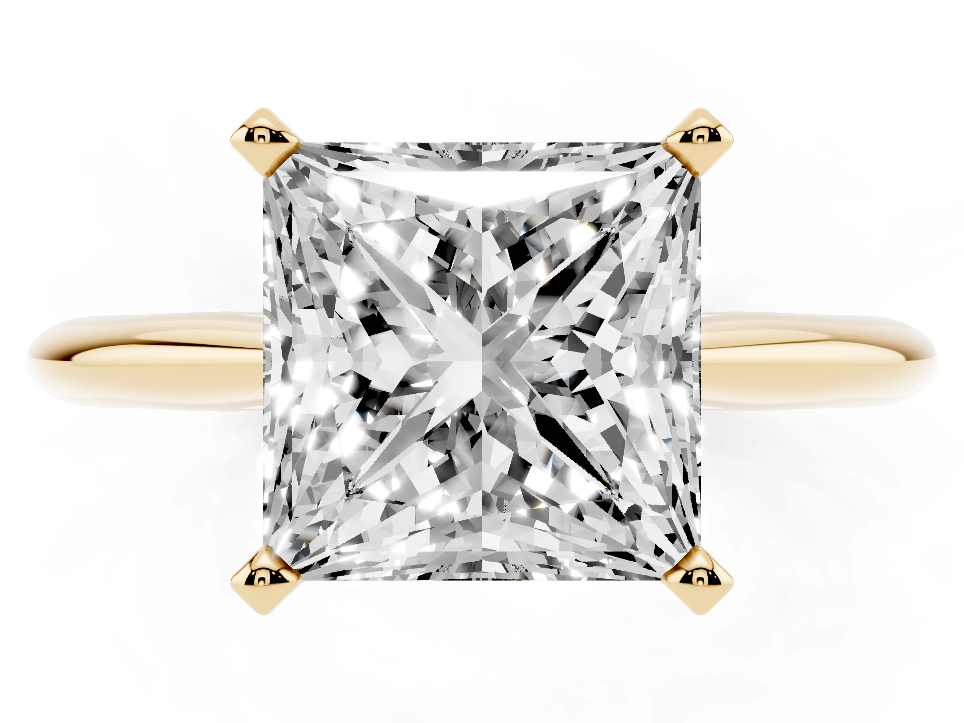 Princess Cut Diamond Solitaire Ring Set in Yellow gold with Prong Setting on a Plain Round Band