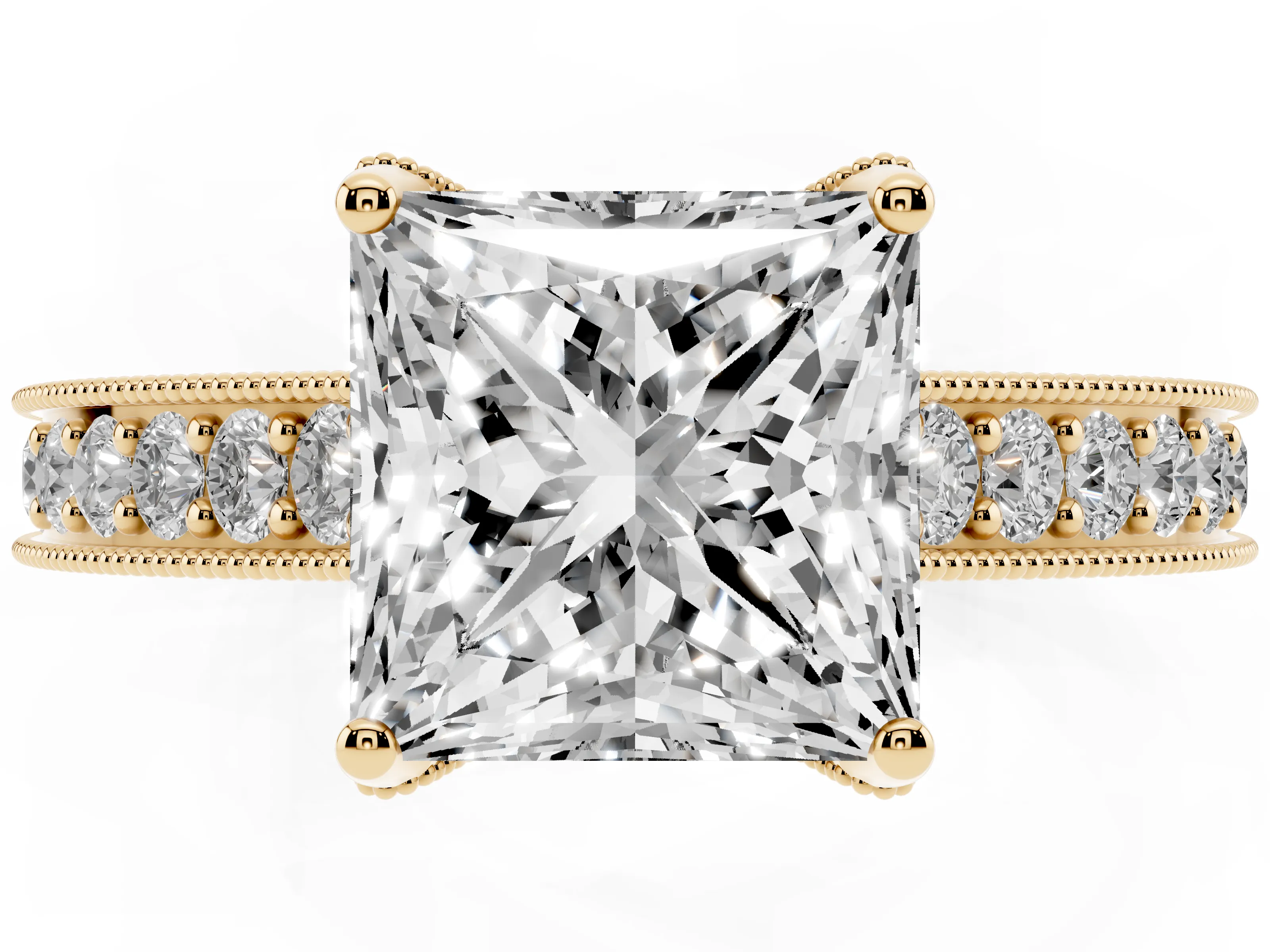 Princess Cut Diamond Solitaire Ring Set in Yellow gold with Milgrain-Edged Pavé Band and Prong Setting