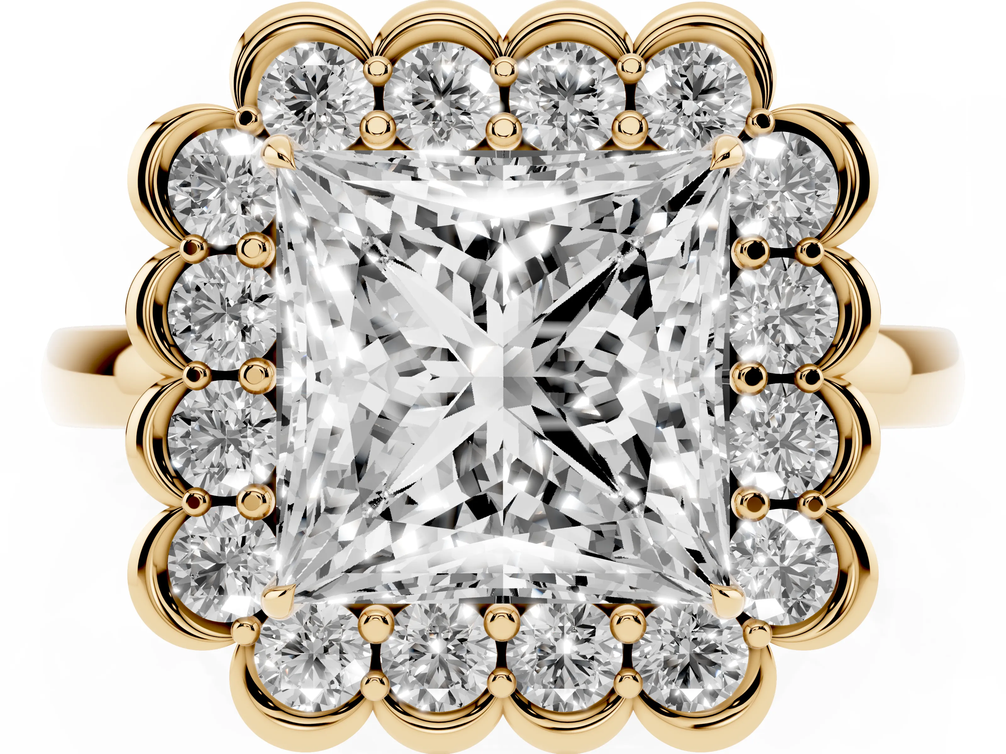 Princess Cut Diamond Halo Cluster Engagement Ring Set in Yellow gold with Solitaire Band and Prong Setting