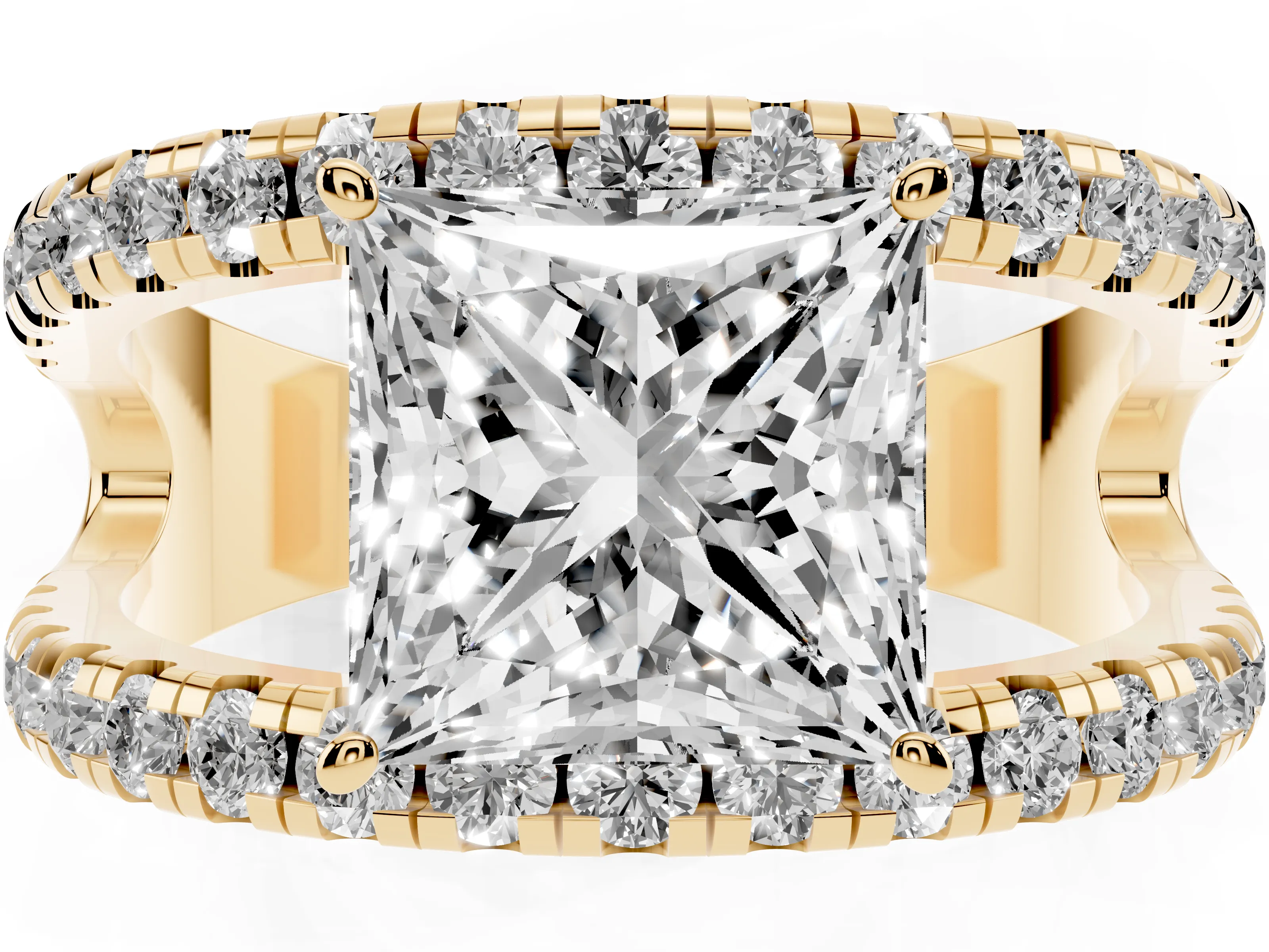 Princess Cut Diamond Split Shank Pavé Solitaire Ring Set in Yellow gold with Open Shank Design