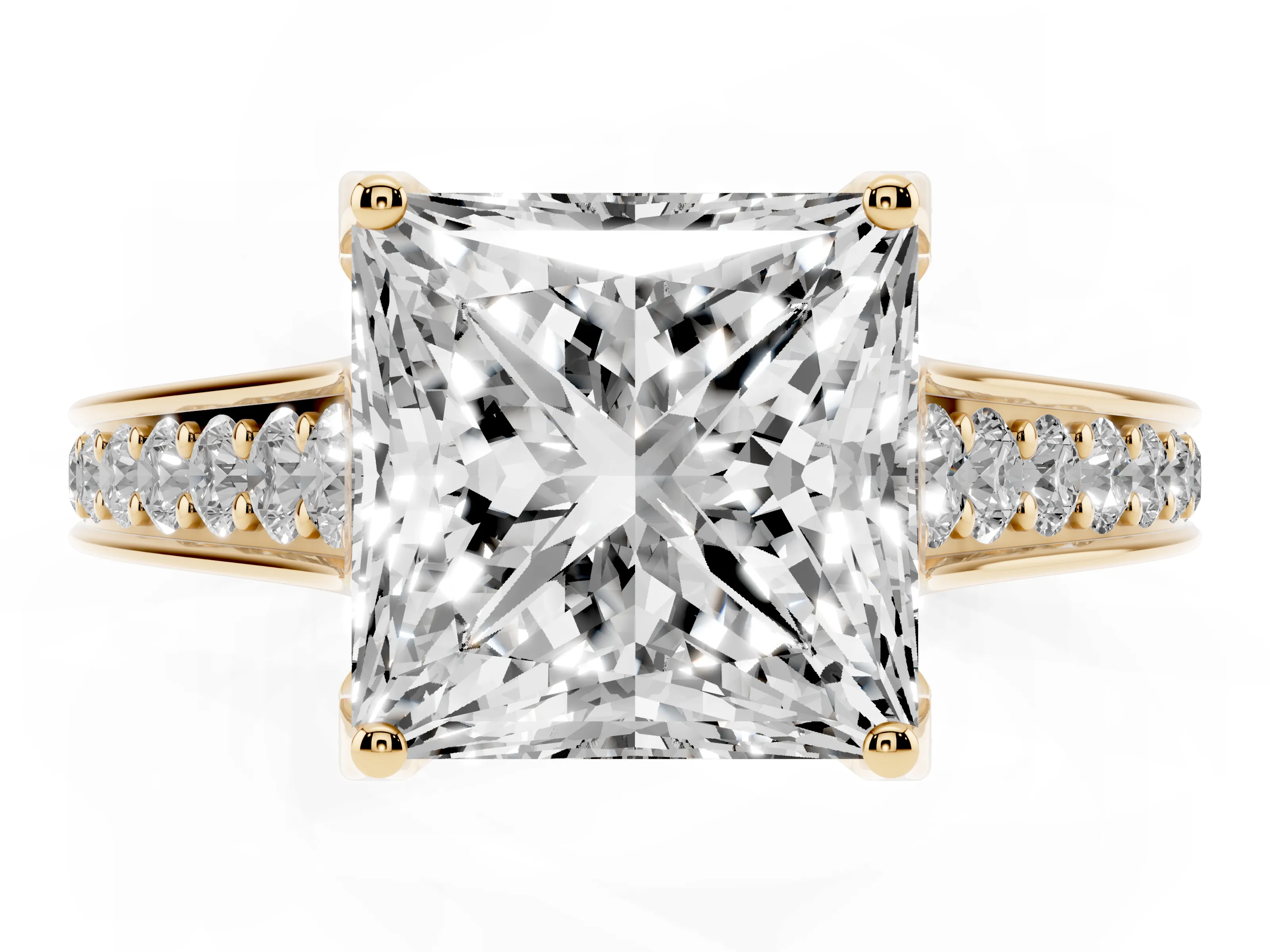 Princess Cut Diamond Solitaire Pavé Engagement Ring Set in Yellow gold with Prong Setting