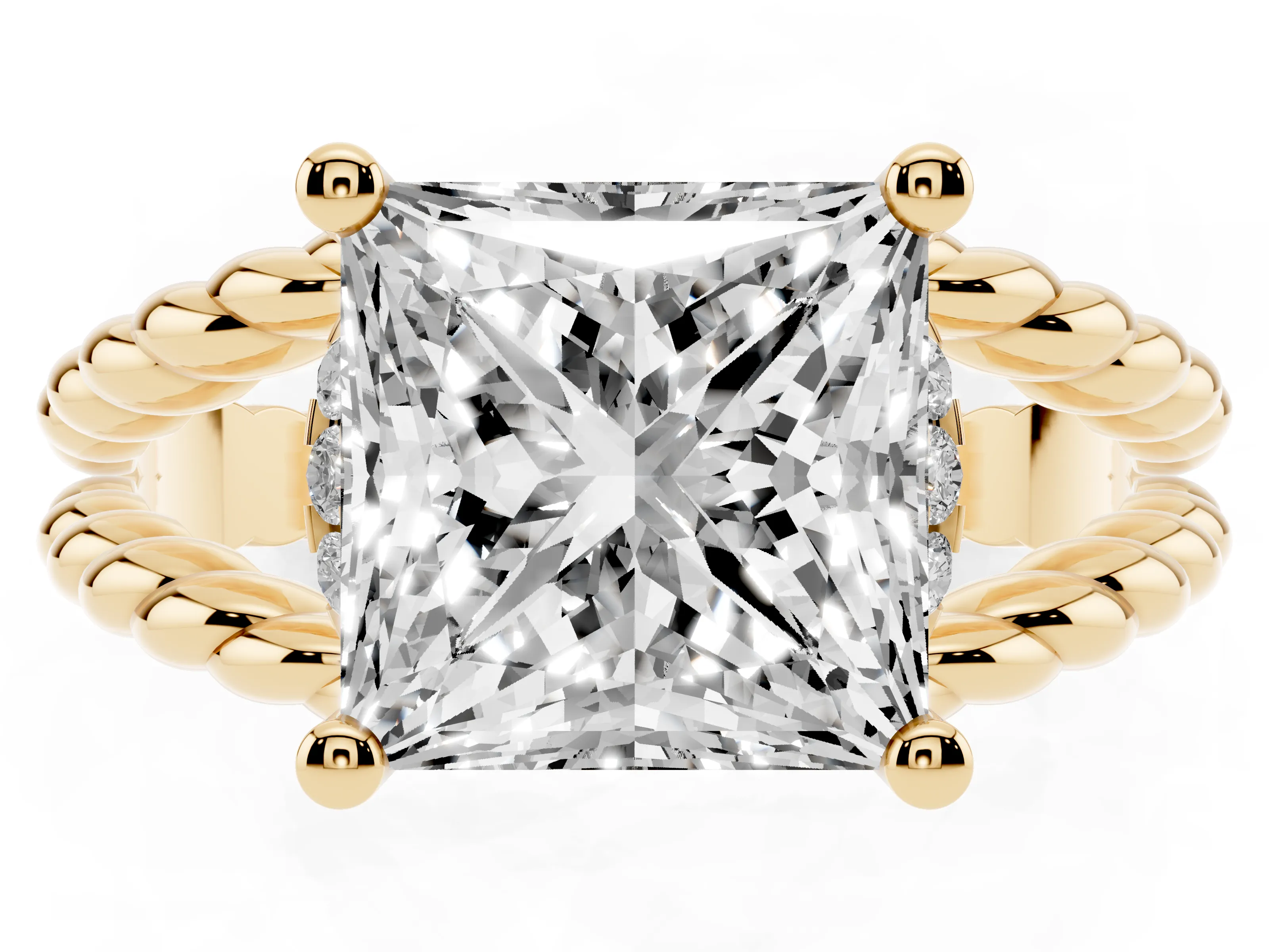 Princess Cut Diamond Halo Ring Set in Yellow gold with Twisted Band and Prong Setting