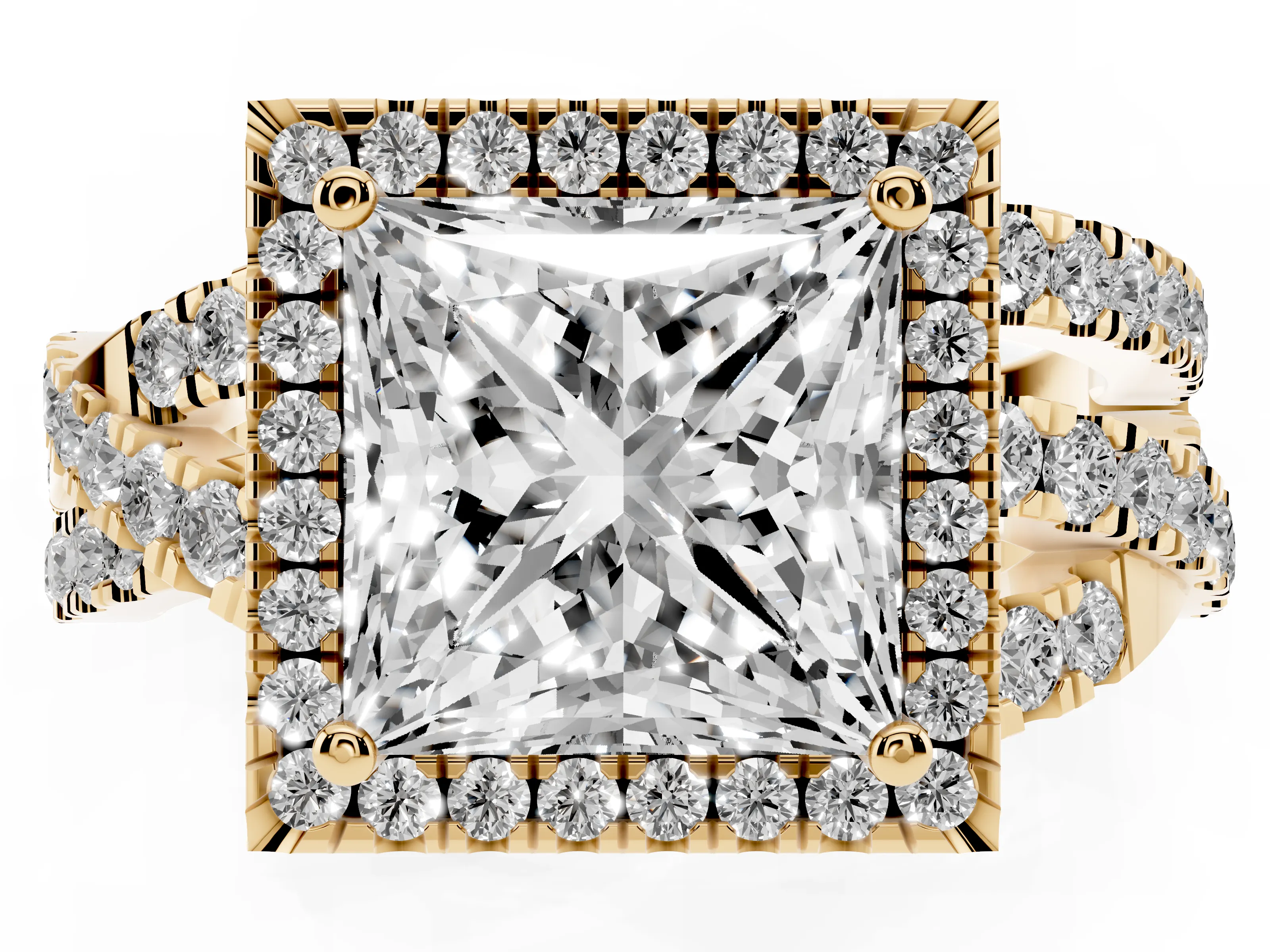 Princess Cut Diamond Halo Ring Set in Yellow gold with Round Crossover Split Shank and Prong Setting