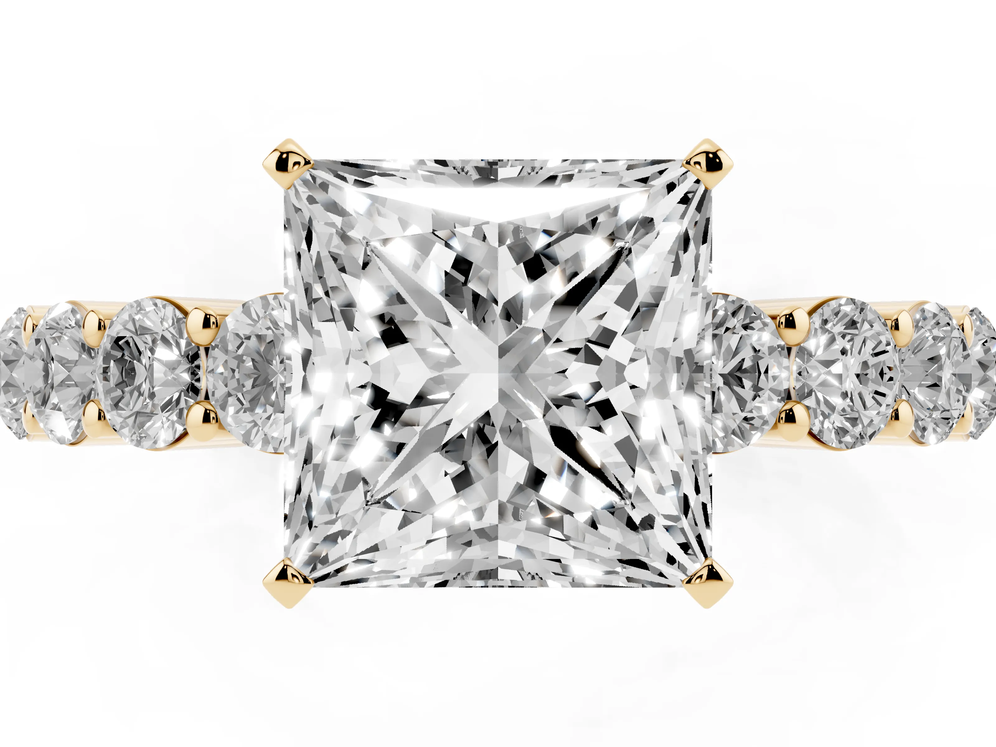 Princess Cut Diamond Solitaire Ring Set in Yellow gold with Shared Prong Round Side Stones