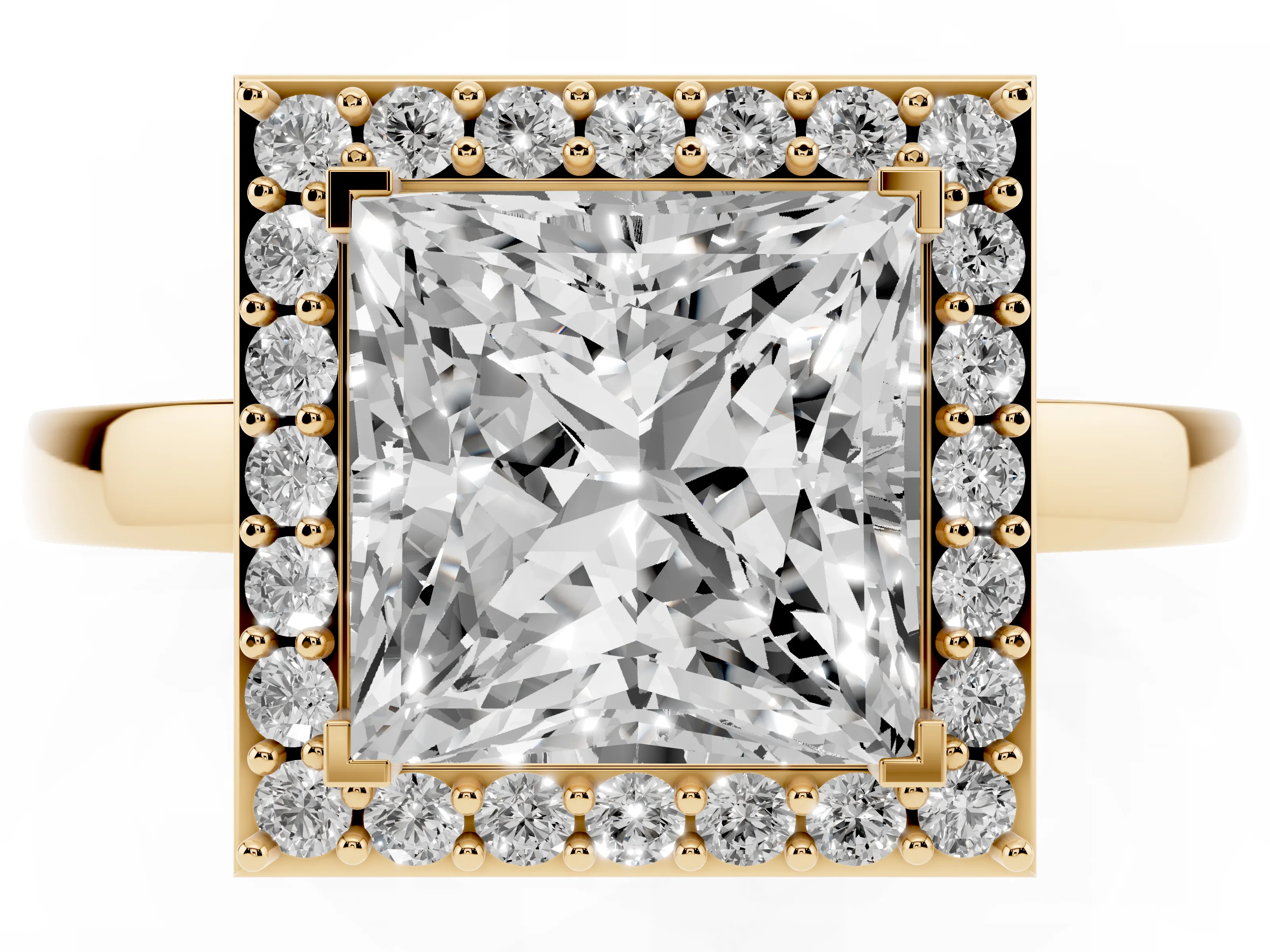 Princess Cut Diamond Halo Ring Set in Yellow gold with Solitaire Band and Prong Setting