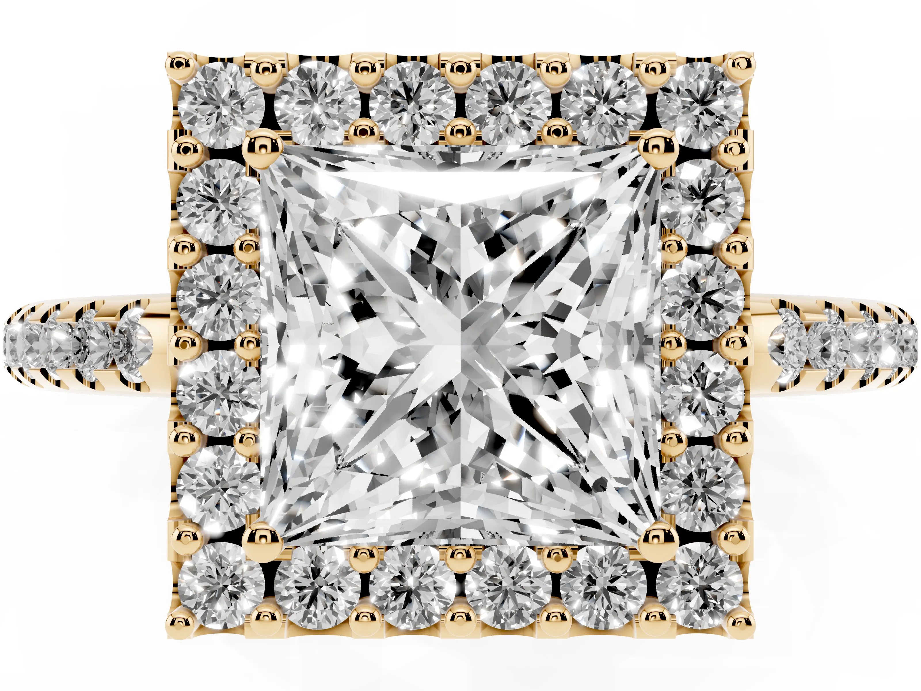 Princess Cut Diamond Pavé Halo Ring Set in Yellow gold with Prong Setting