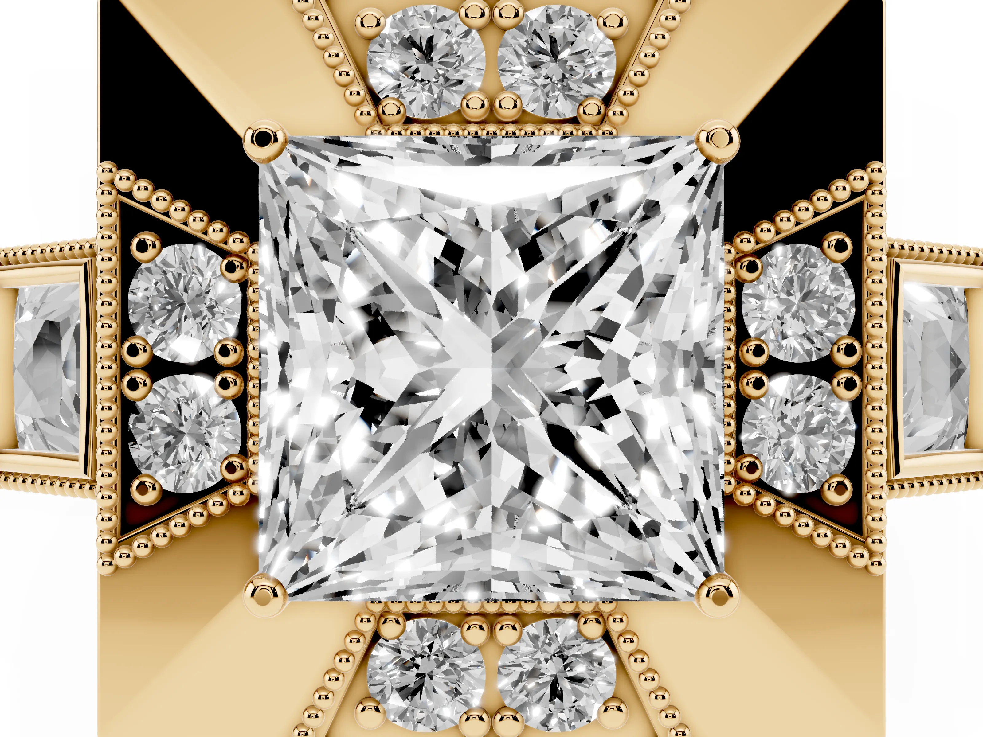 Princess Cut Diamond Milgrain Halo Ring Set in Yellow gold with Split Shank