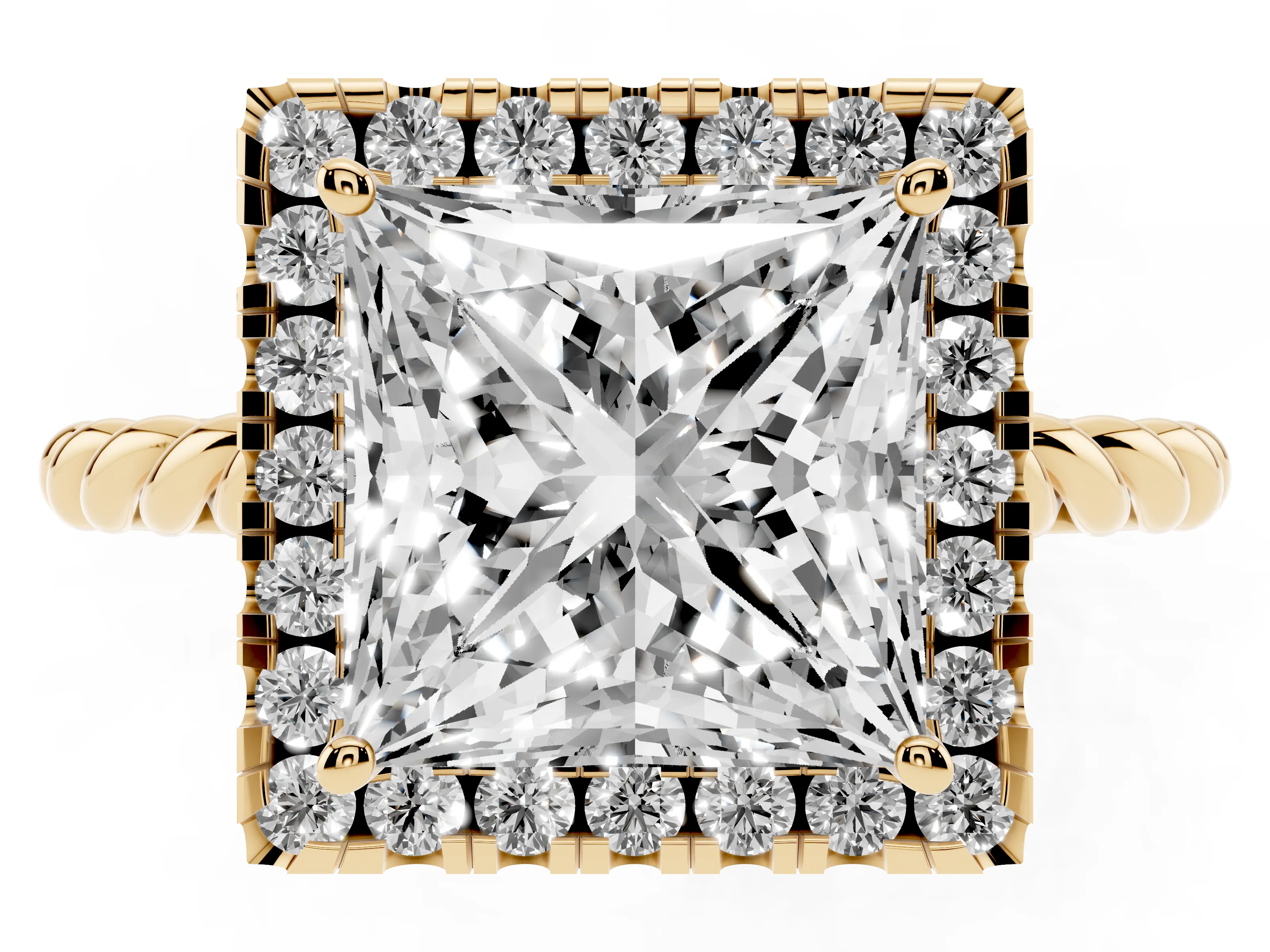 Princess Cut Diamond Halo Ring Set in Yellow gold with Plain Twisted Band